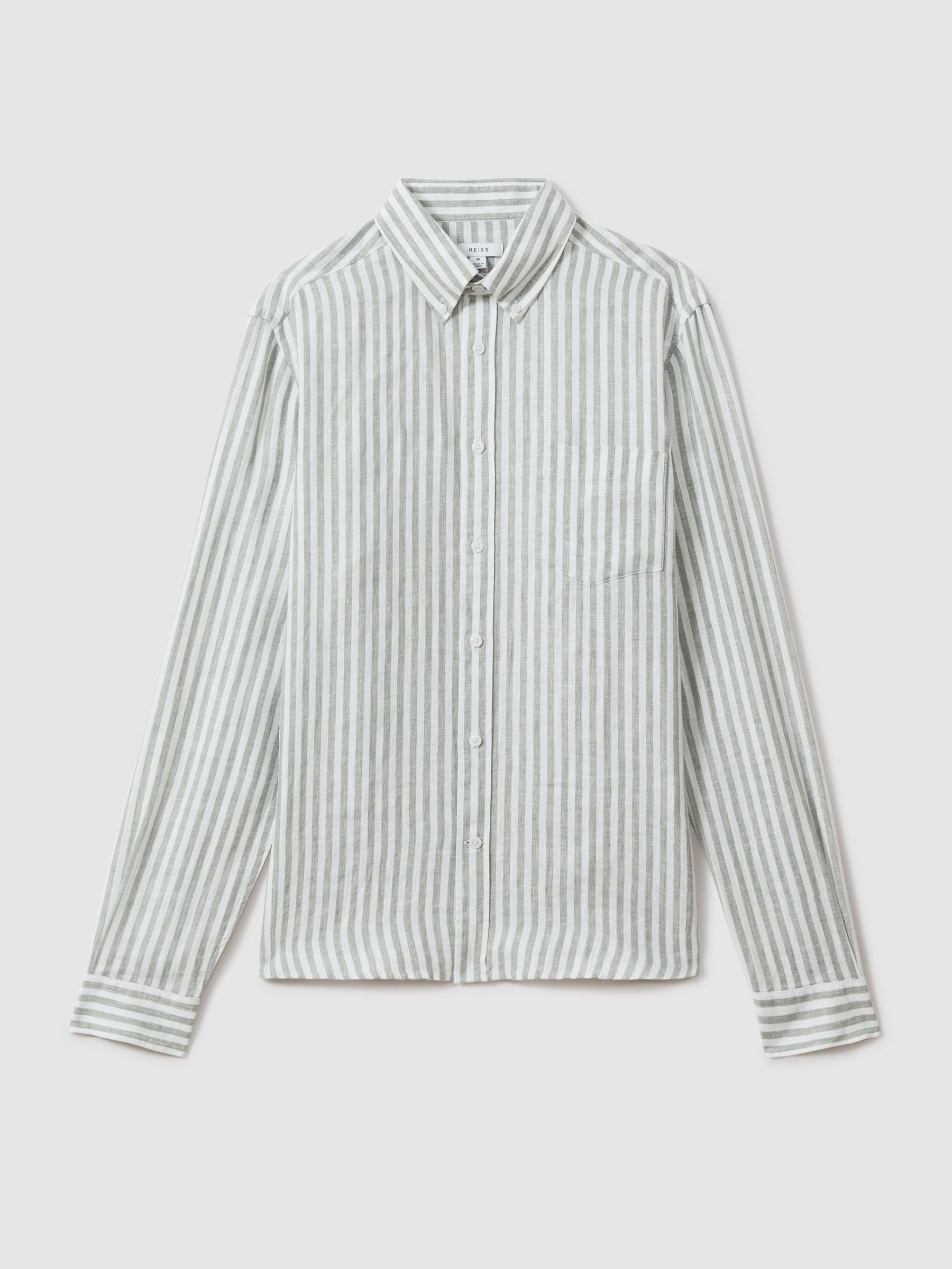 Queens Sage Bengal Stripe 100% Linen Button-Down Collar Shirt - Image 2 of 6