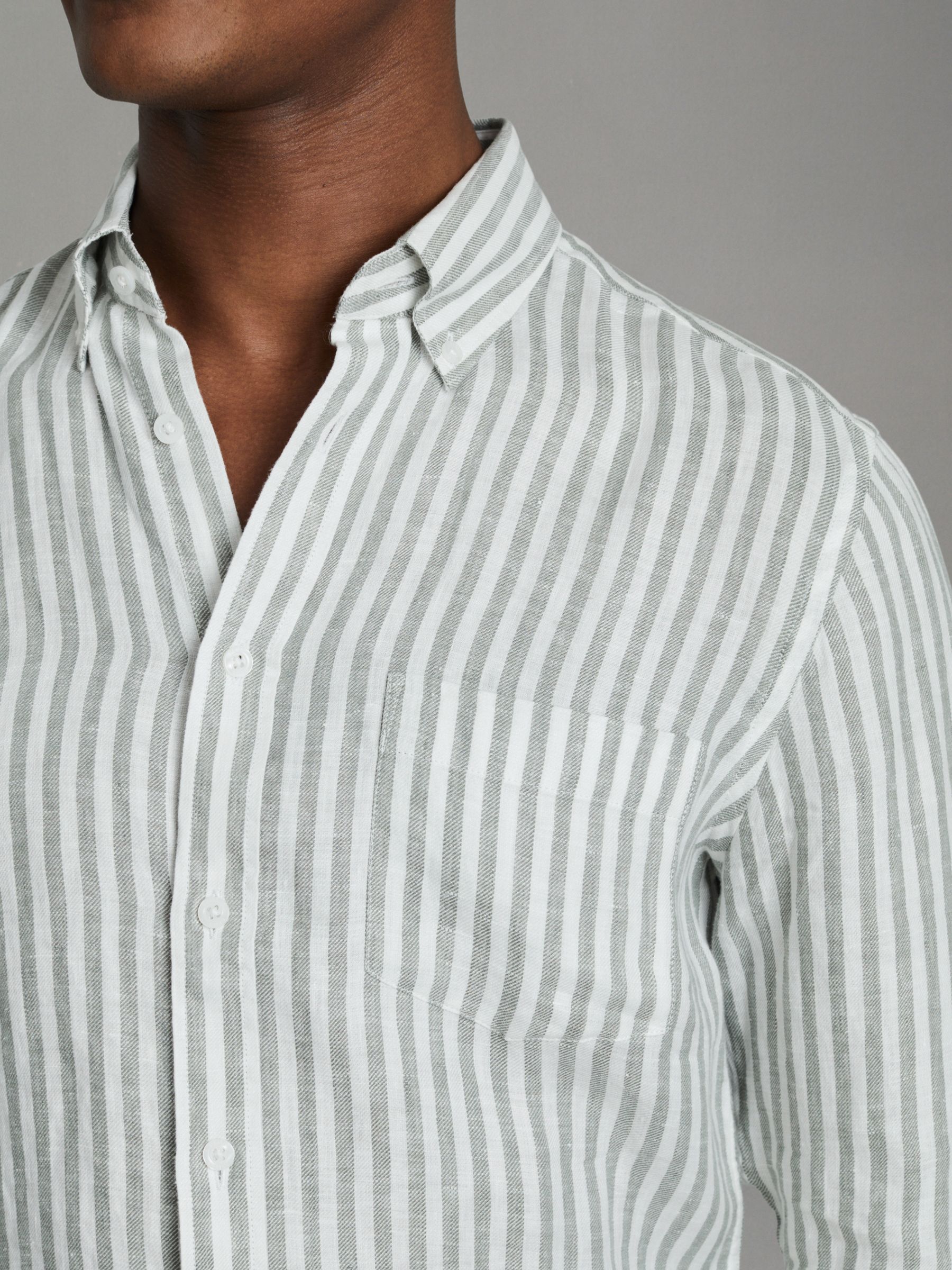 Queens Sage Bengal Stripe 100% Linen Button-Down Collar Shirt - Image 4 of 6