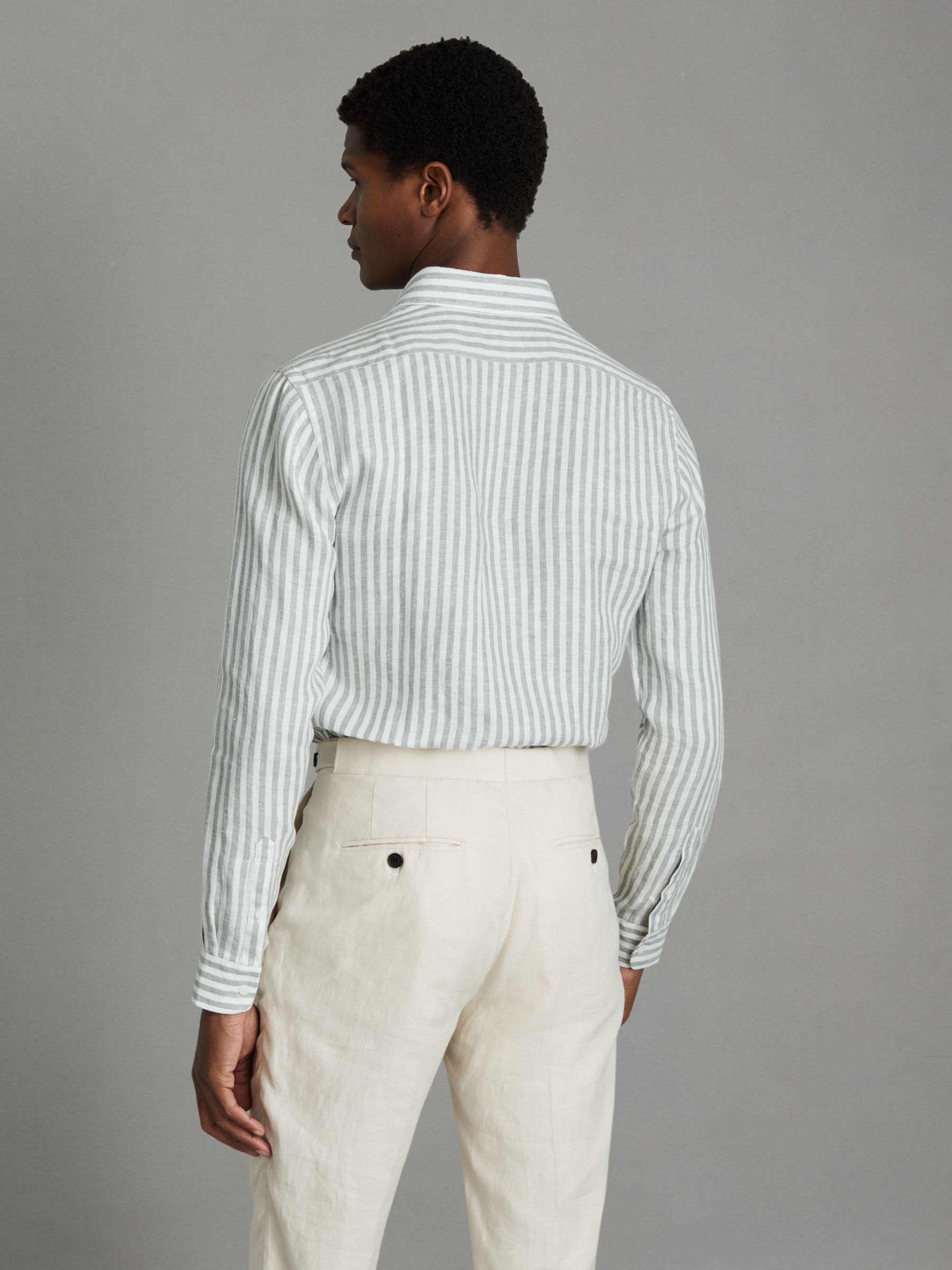 Queens Sage Bengal Stripe 100% Linen Button-Down Collar Shirt - Image 5 of 6