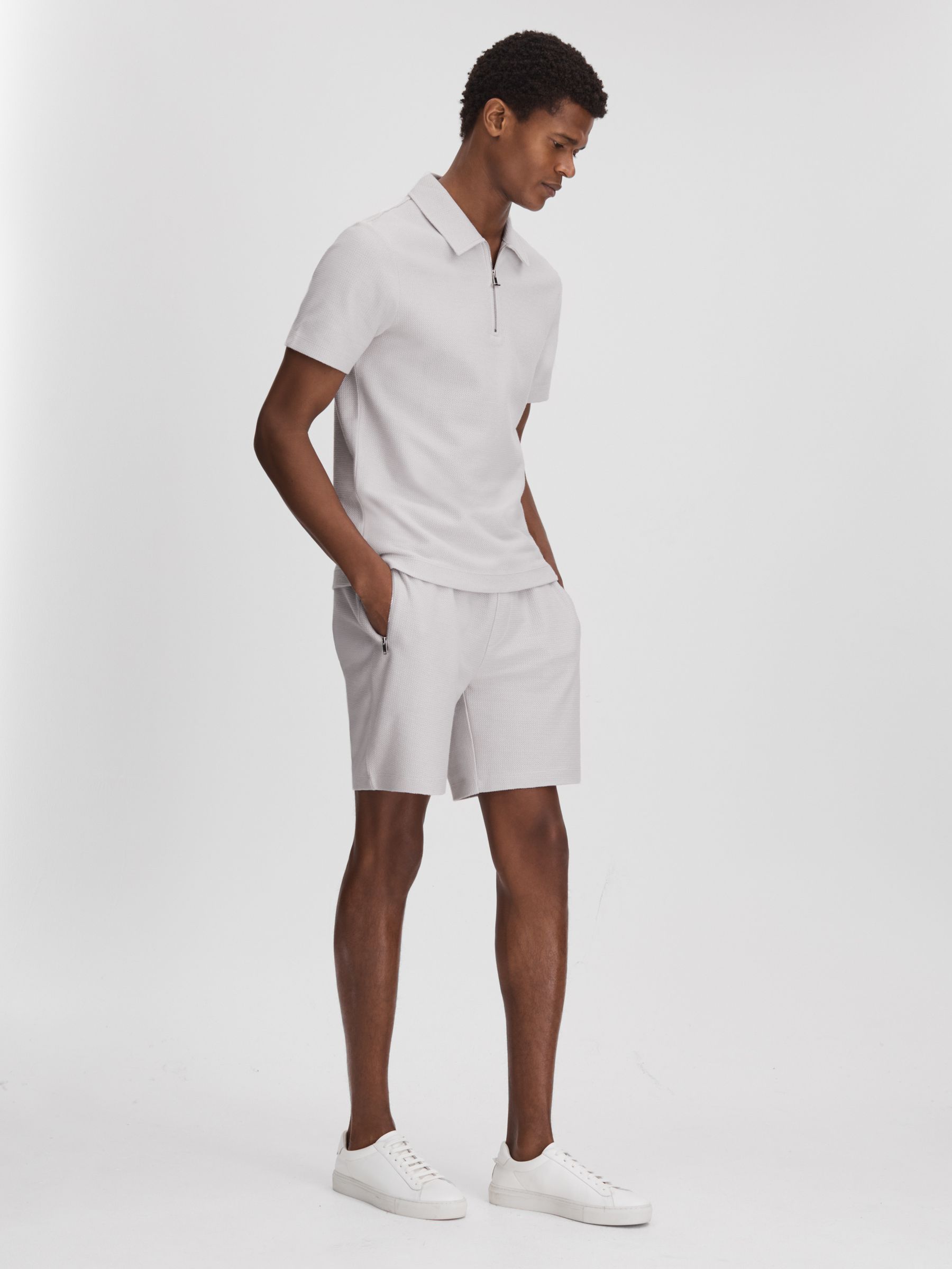 Textured Cotton Drawstring Shorts in Silver - Image 3 of 6