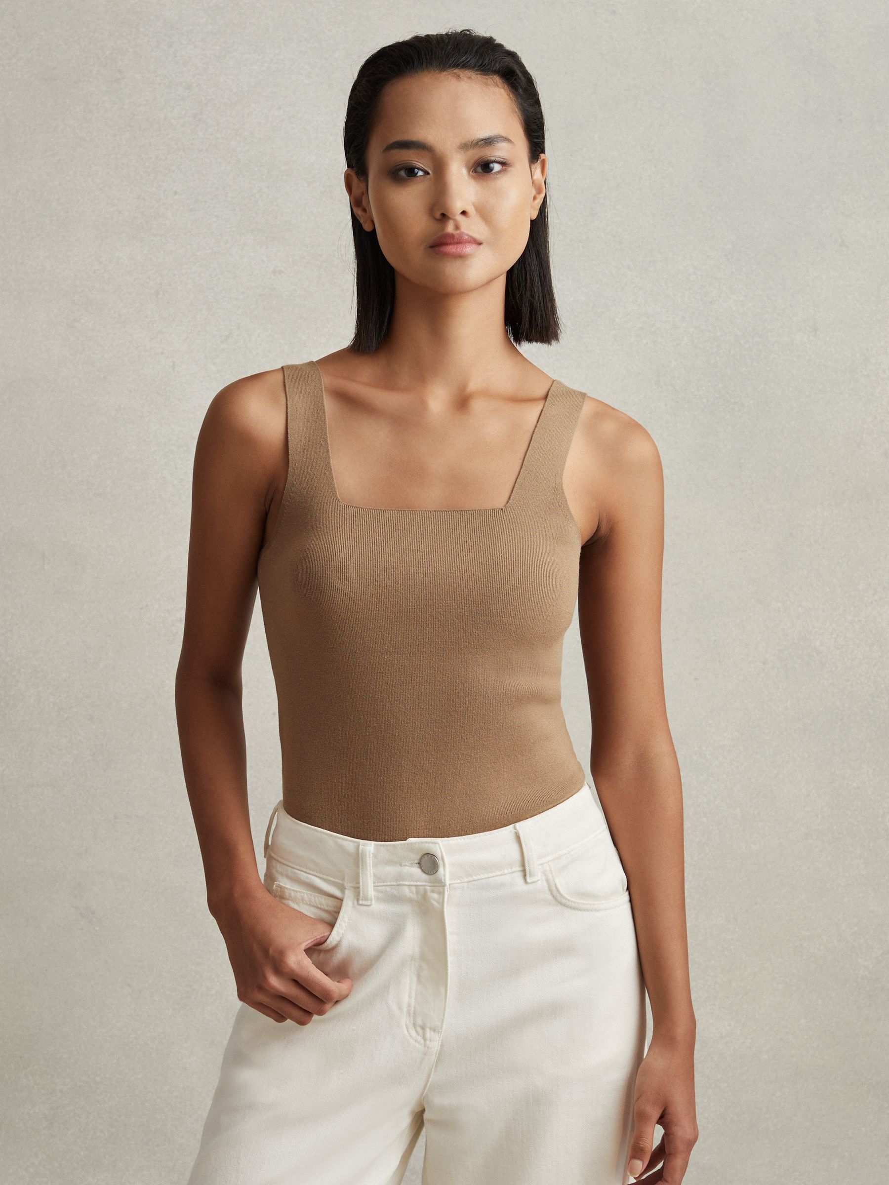 Knitted Square Neck Vest in Mink - Image 1 of 6