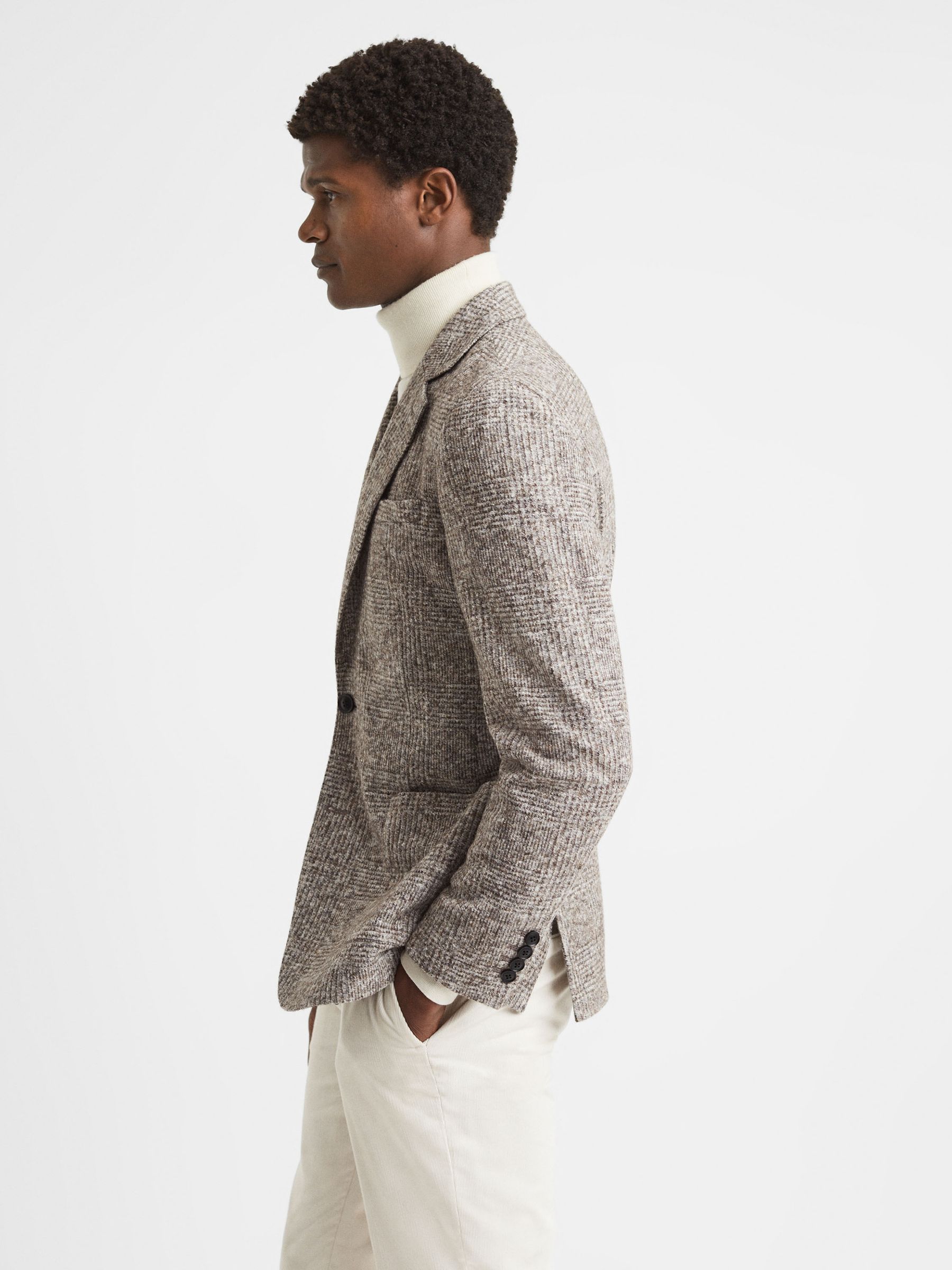 Slim Fit Wool-Cotton Check Single Breasted Blazer in Grey - Image 4 of 7