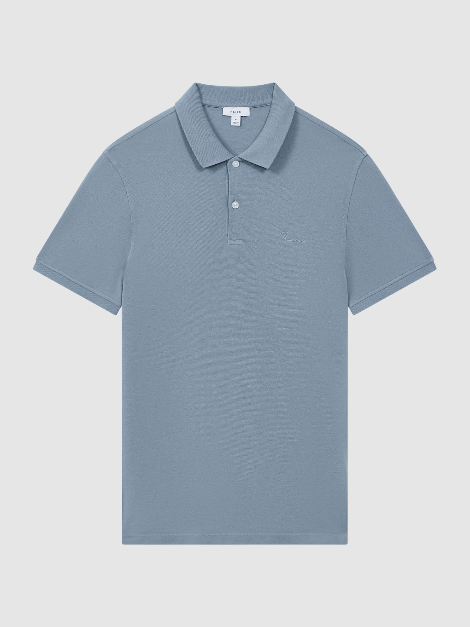 Slim Fit Garment Dyed Embroidered Polo Shirt in Soft Blue - Image 2 of 5
