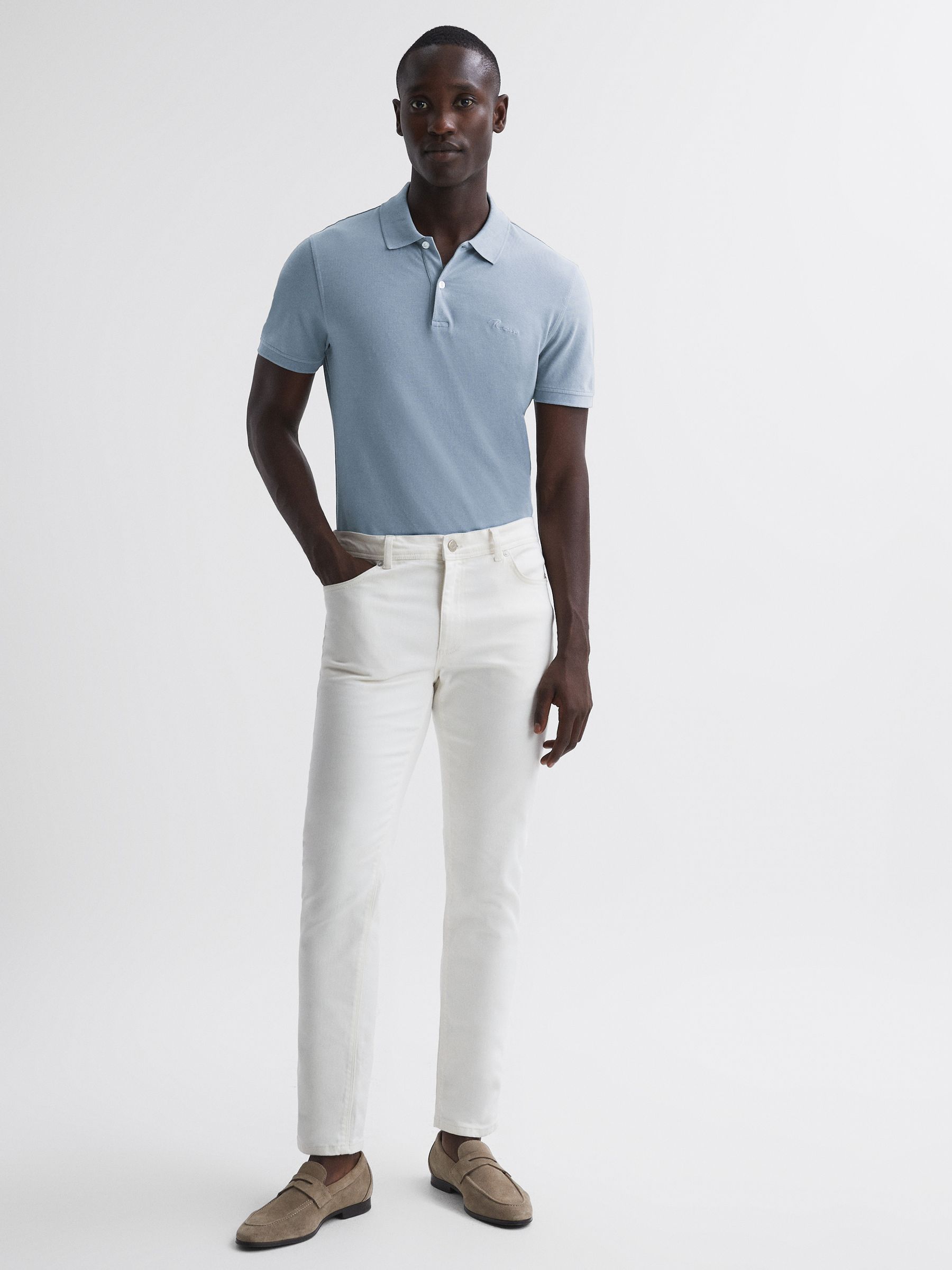 Slim Fit Garment Dyed Embroidered Polo Shirt in Soft Blue - Image 3 of 5