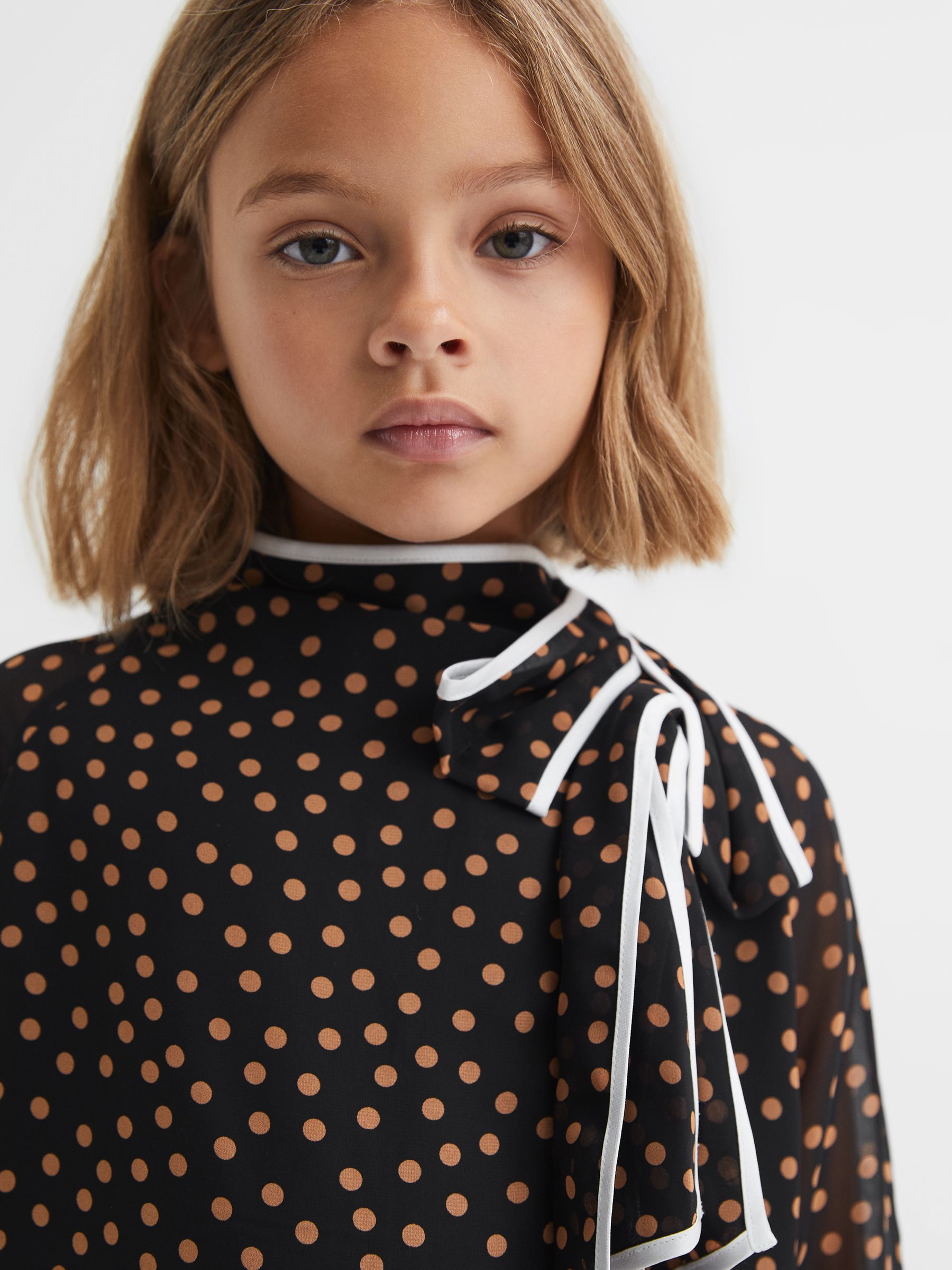 9-13 yrs Polka Dot Tie Neck Mini Dress in Black - Image 4 of 6