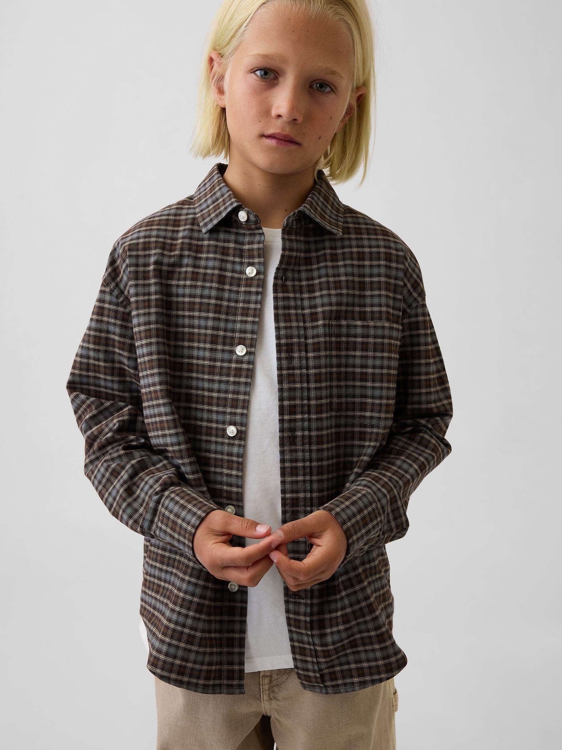 Brown Relaxed Plaid Oxford Shirt - Image 1 of 5 Brown Relaxed Plaid Oxford Shirt - Image 1 of 5
