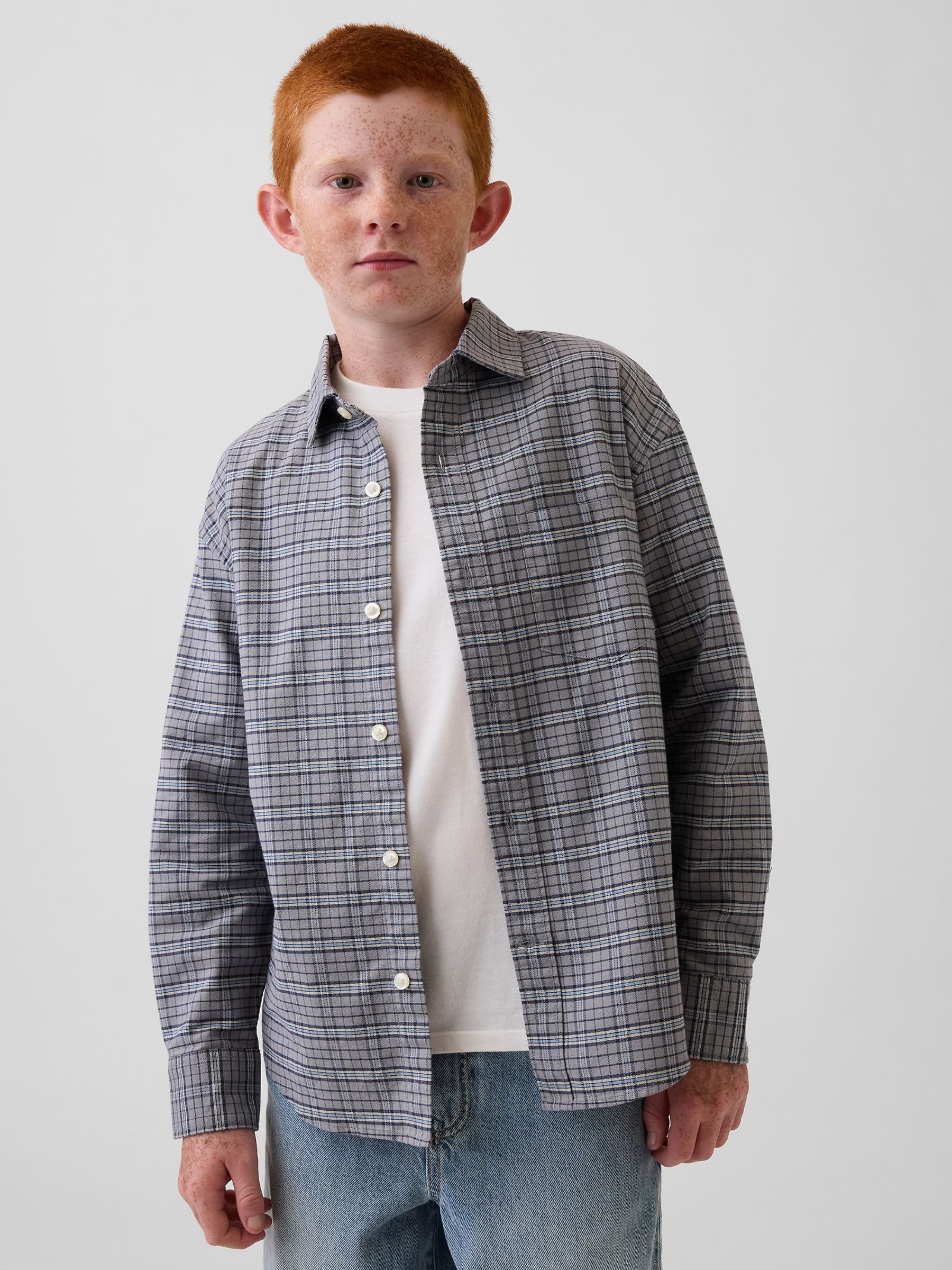 Grey Relaxed Plaid Oxford Shirt - Image 1 of 5 Grey Relaxed Plaid Oxford Shirt - Image 1 of 5