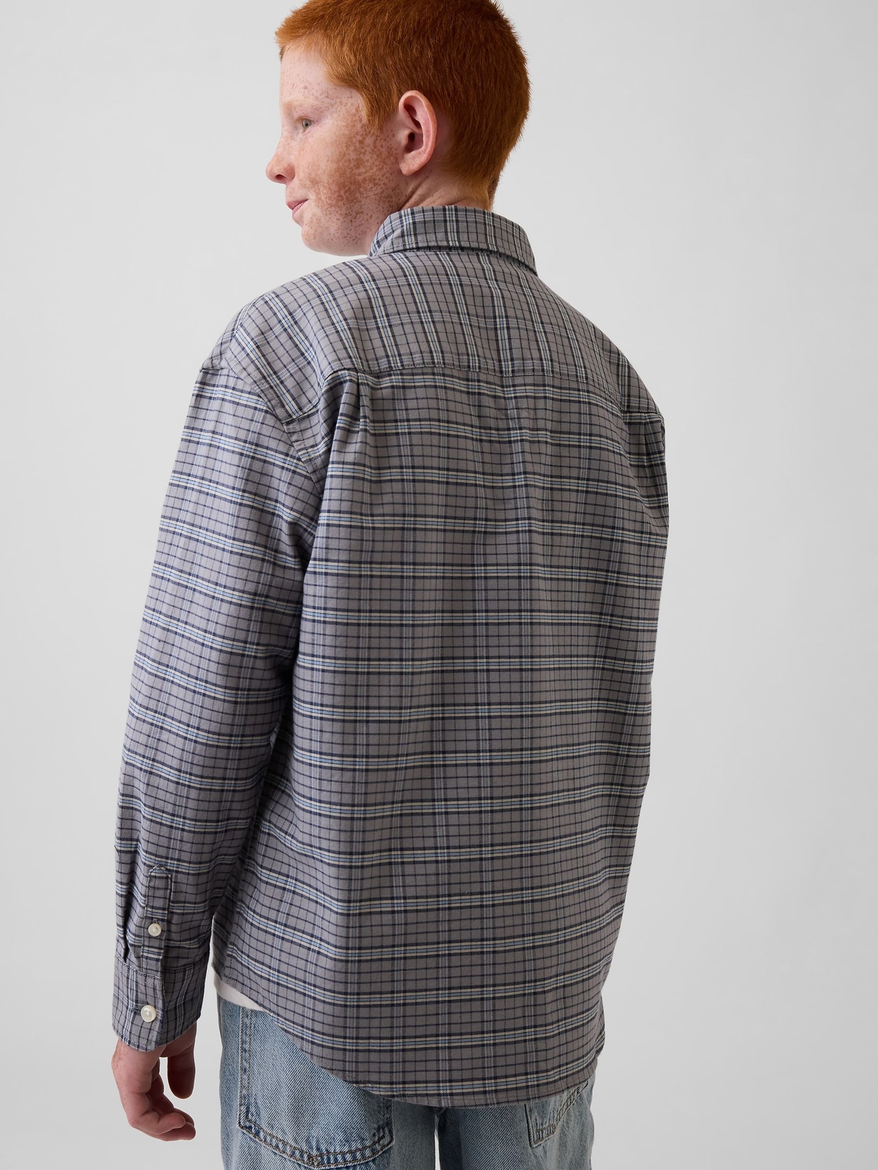 Grey Relaxed Plaid Oxford Shirt - Image 2 of 5 Grey Relaxed Plaid Oxford Shirt - Image 2 of 5