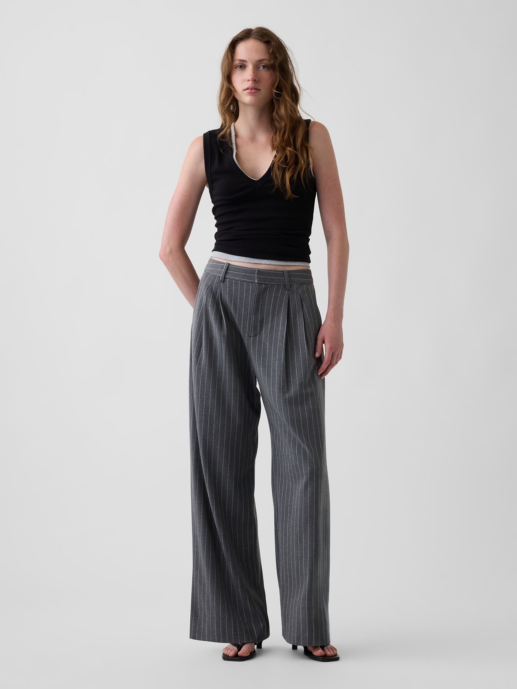 Grey Stripe 365 High Waisted Brushed Twill Pleated Trousers - Image 5 of 5