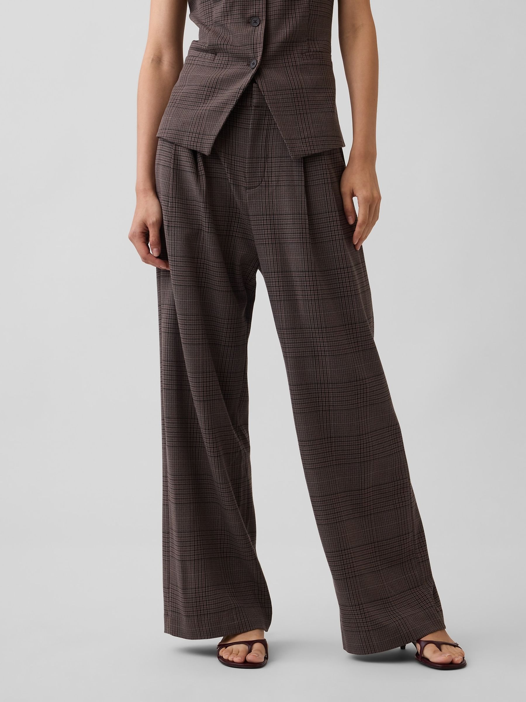Brown Check 365 High Waisted Brushed Twill Pleated Trousers - Image 1 of 6