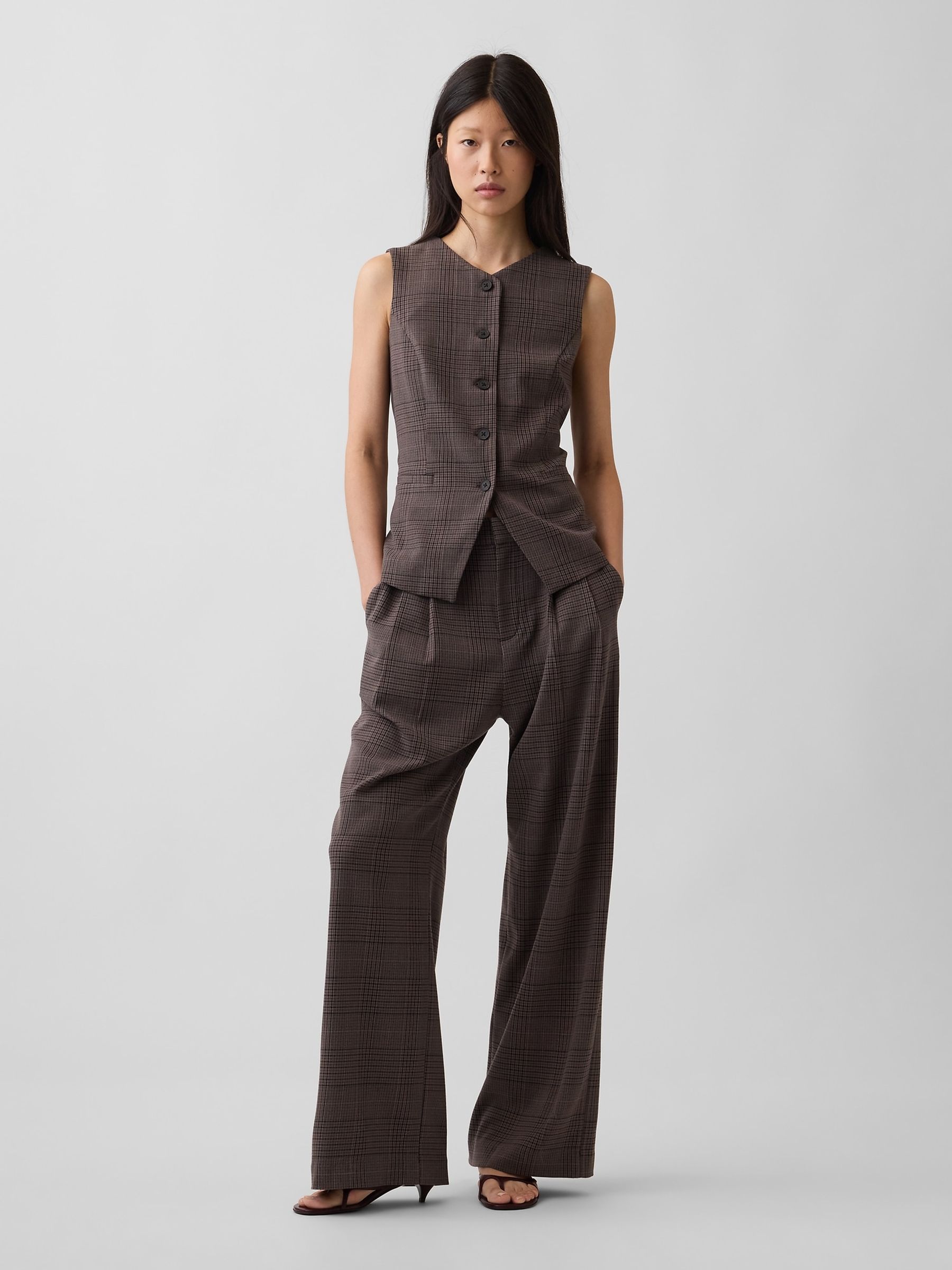 Brown Check 365 High Waisted Brushed Twill Pleated Trousers - Image 4 of 6