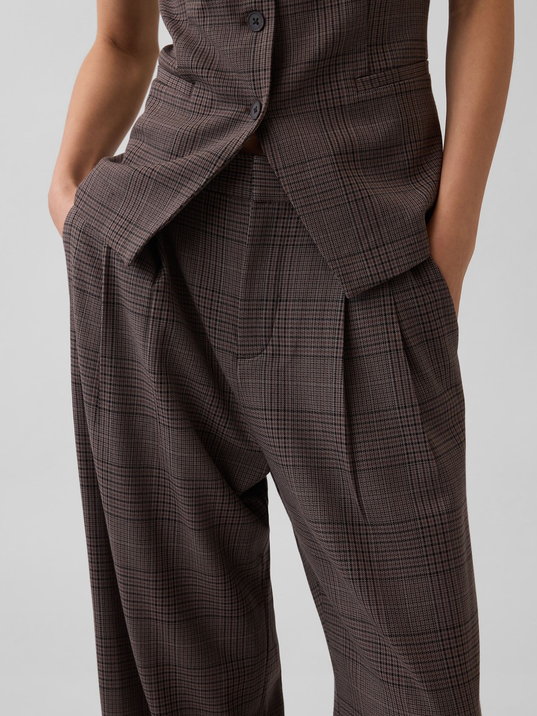 Brown Check 365 High Waisted Brushed Twill Pleated Trousers - Image 6 of 6
