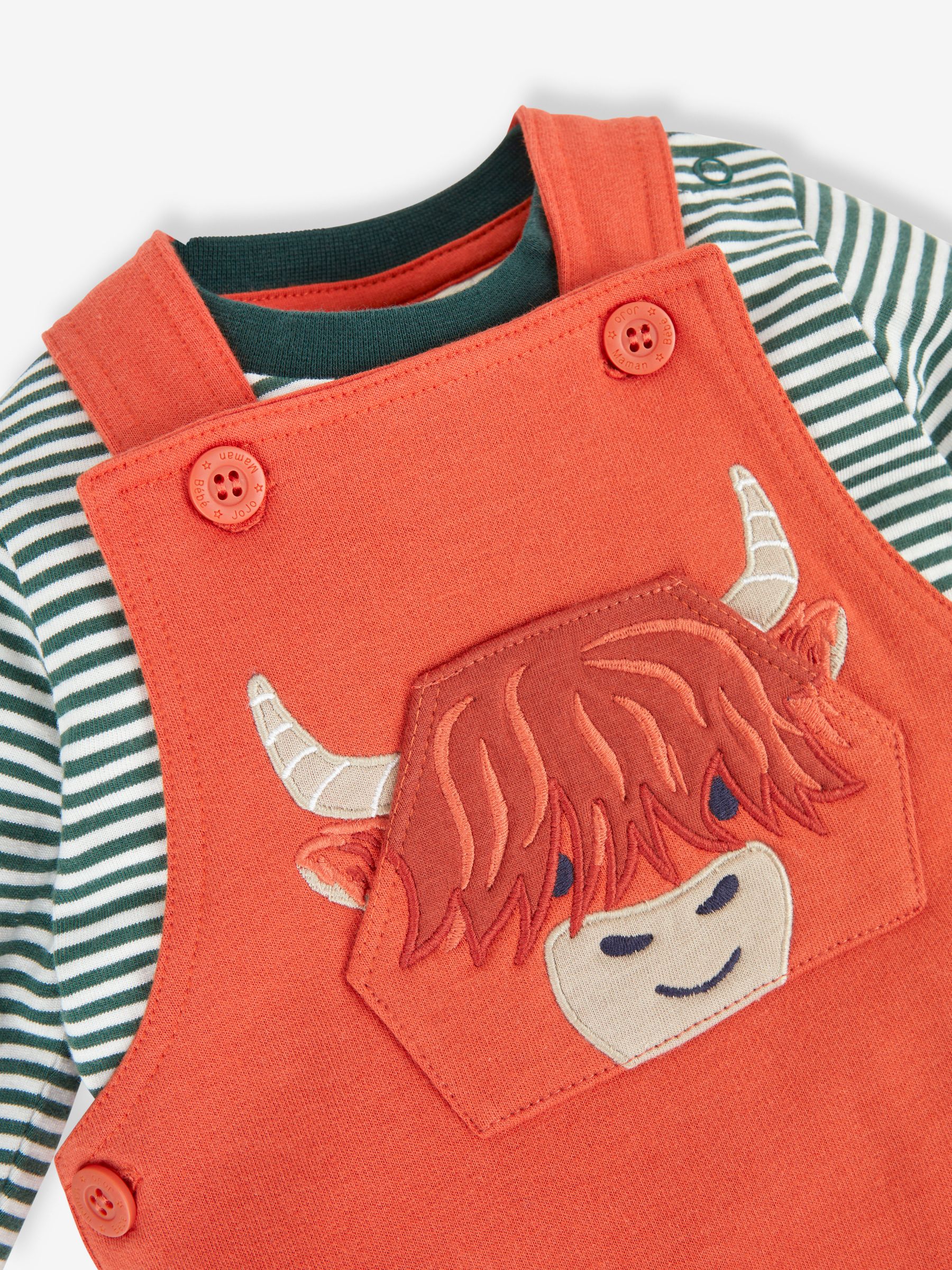 Orange Highland Cow Boys' Bear Appliqué Dungarees & Stripe Top Set - Image 4 of 7