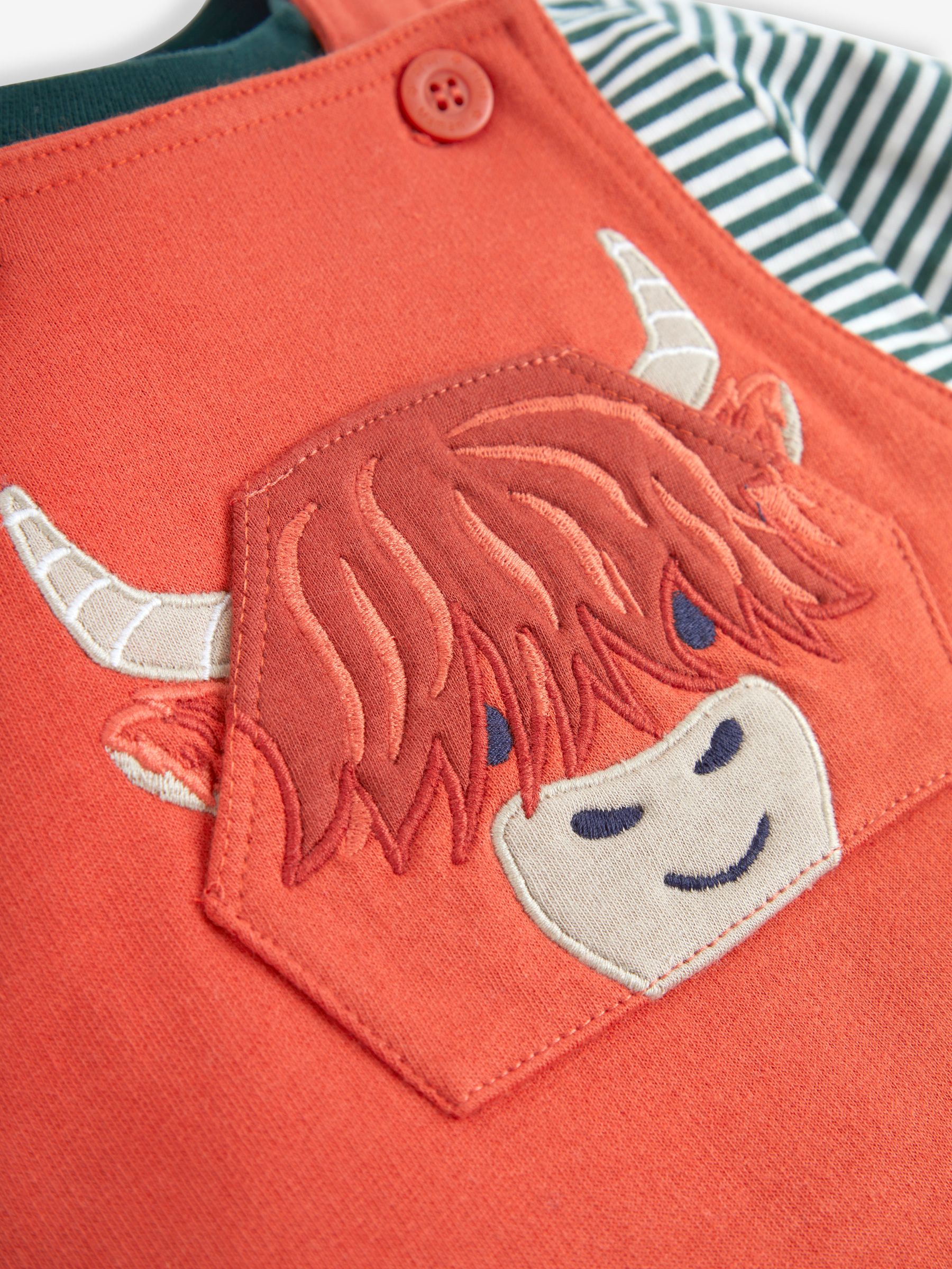 Orange Highland Cow Boys' Bear Appliqué Dungarees & Stripe Top Set - Image 5 of 7