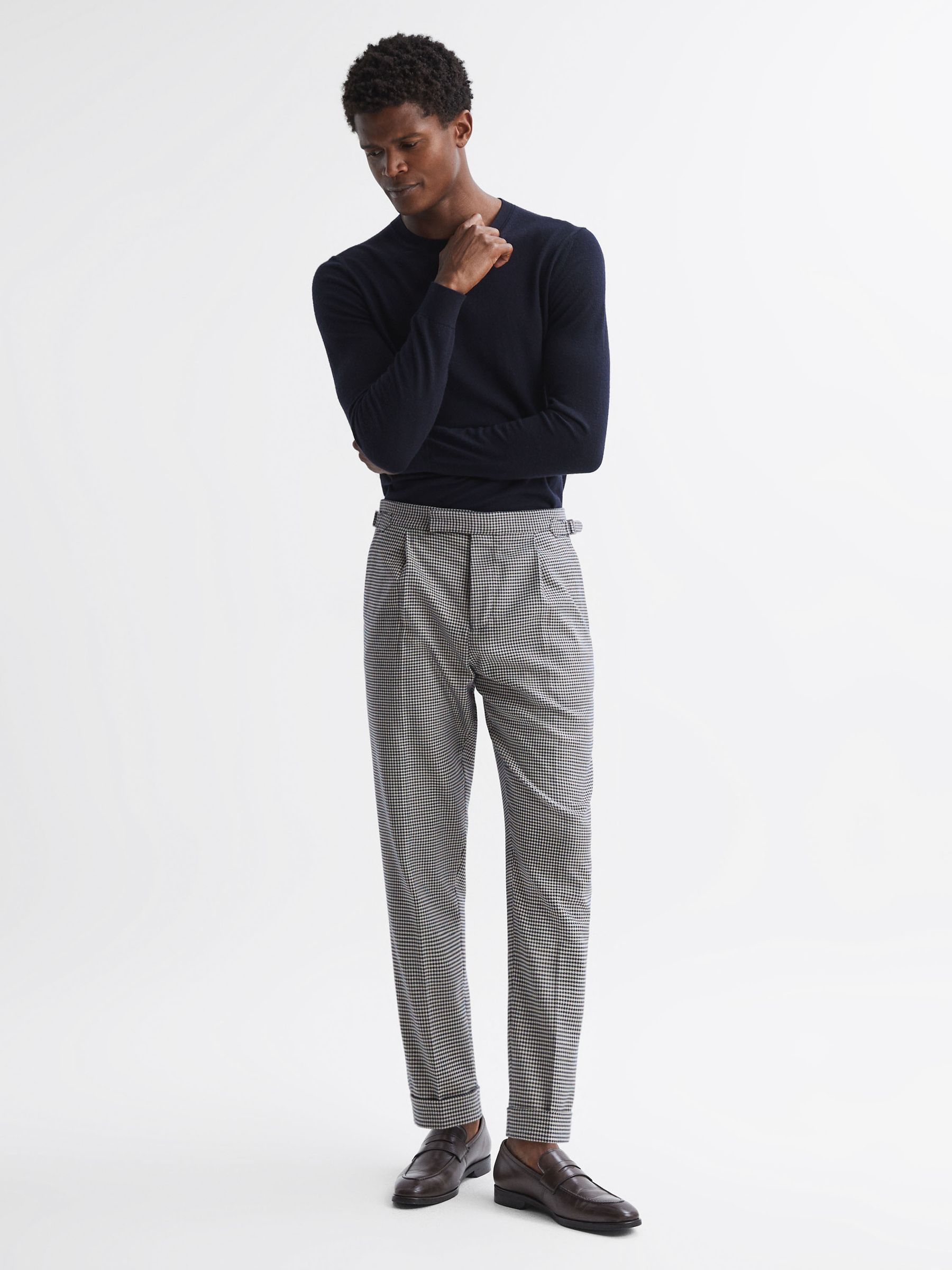 Slim Fit Puppytooth Adjuster Trousers in Grey - Image 1 of 6
