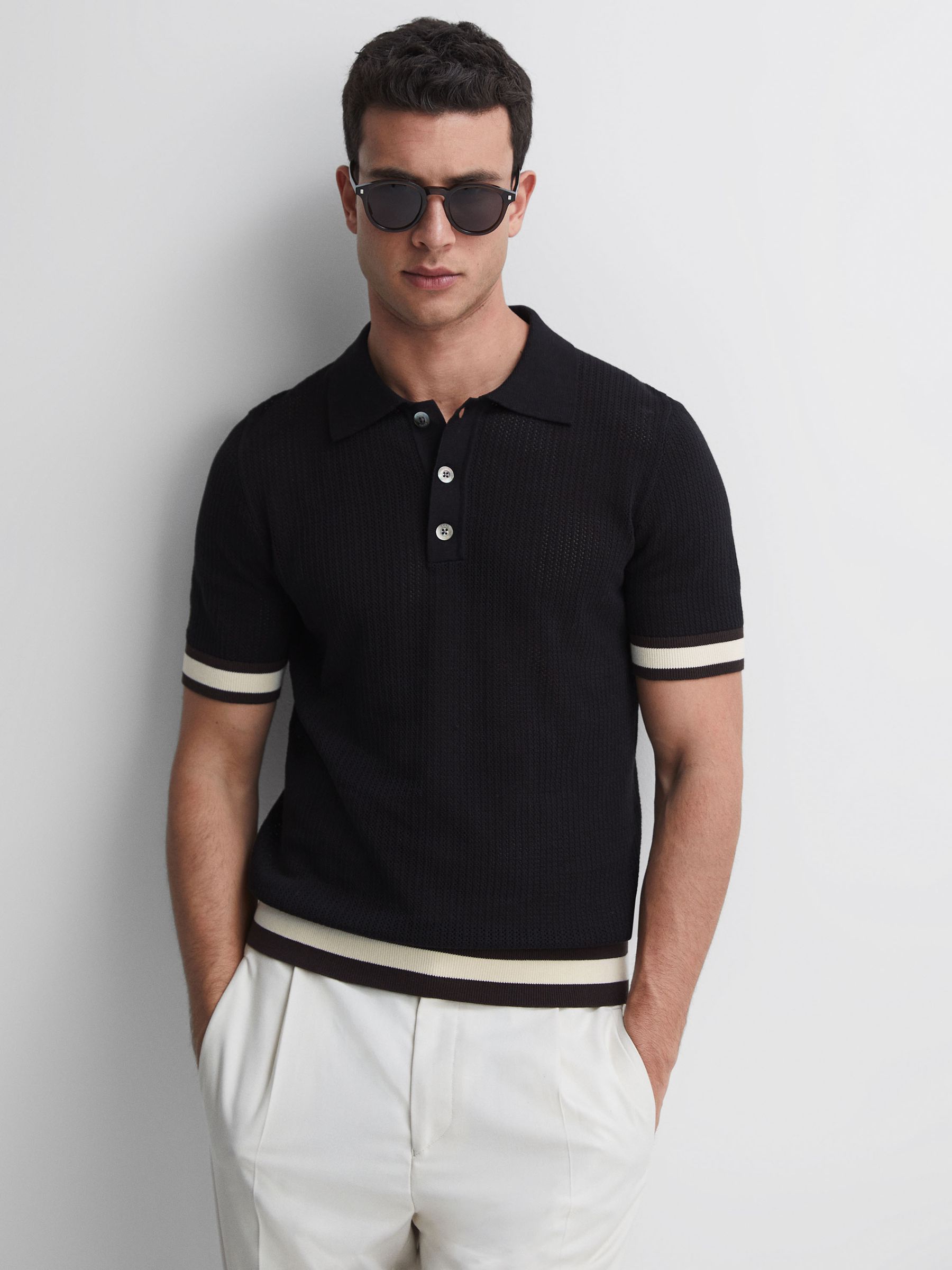 Reiss | Ché Knitted Half-Button Polo Shirt in Black/Chocolate - Image 1 of 5