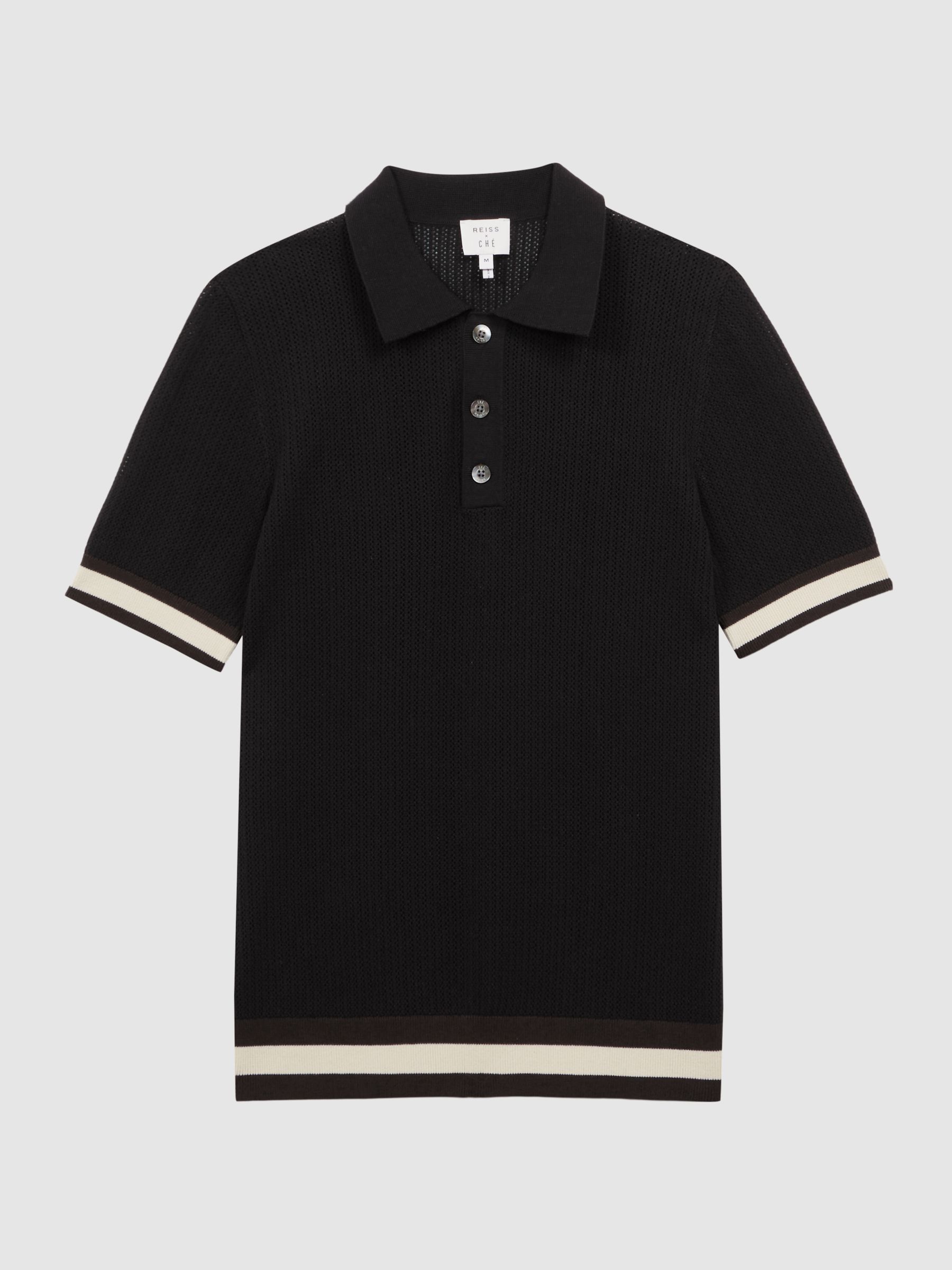 Reiss | Ché Knitted Half-Button Polo Shirt in Black/Chocolate - Image 2 of 5