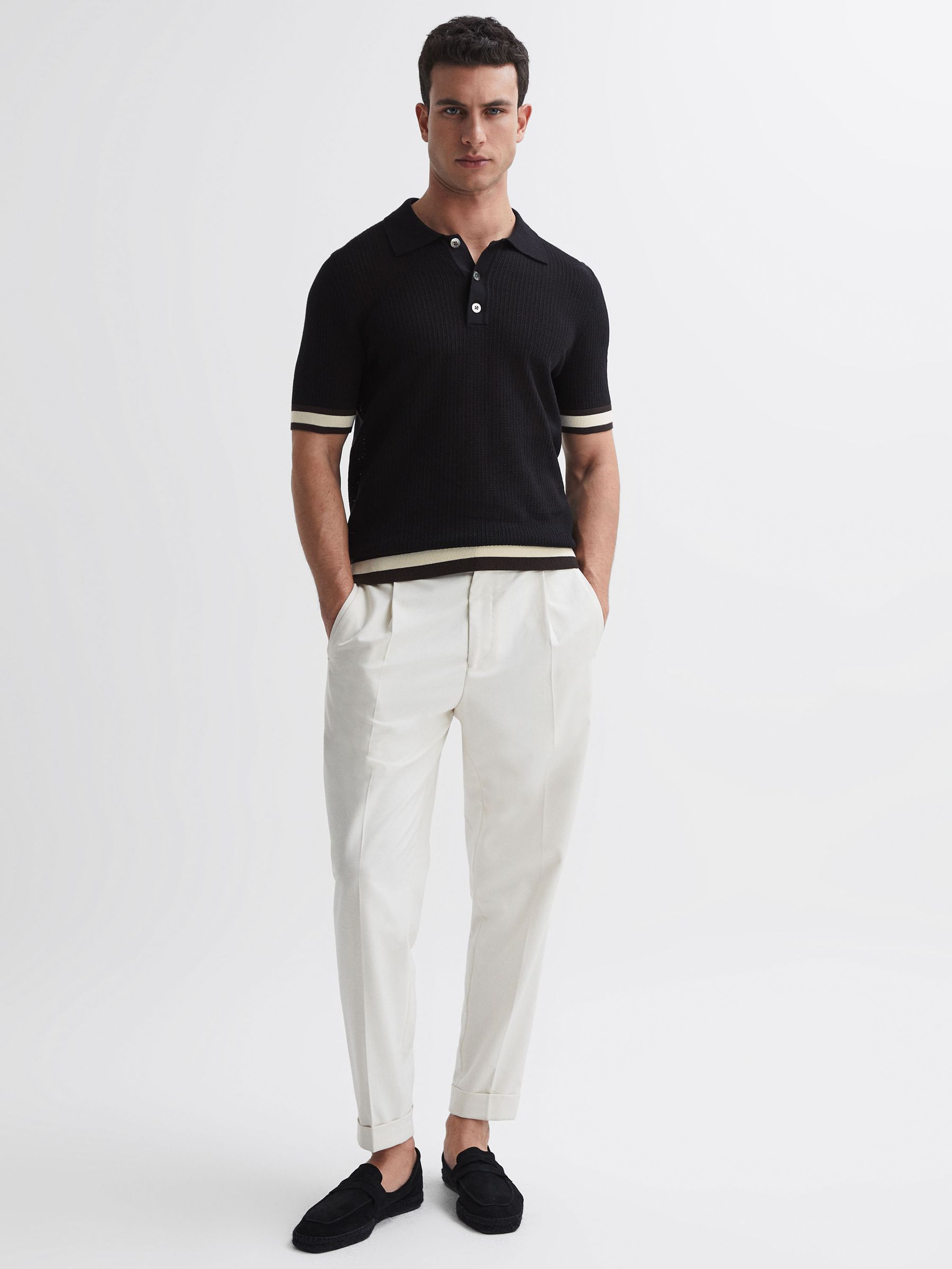 Reiss | Ché Knitted Half-Button Polo Shirt in Black/Chocolate - Image 3 of 5