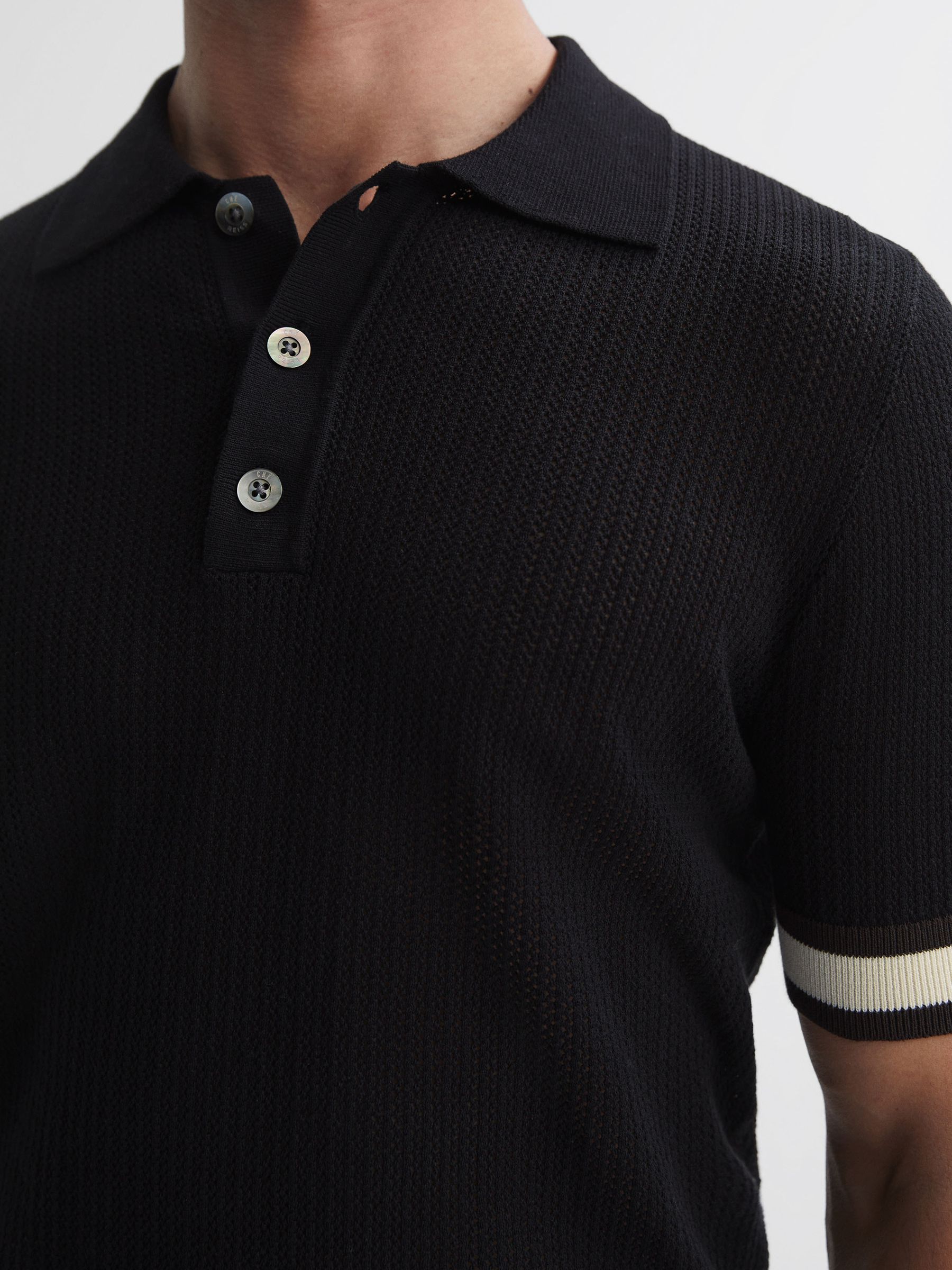 Reiss | Ché Knitted Half-Button Polo Shirt in Black/Chocolate - Image 4 of 5