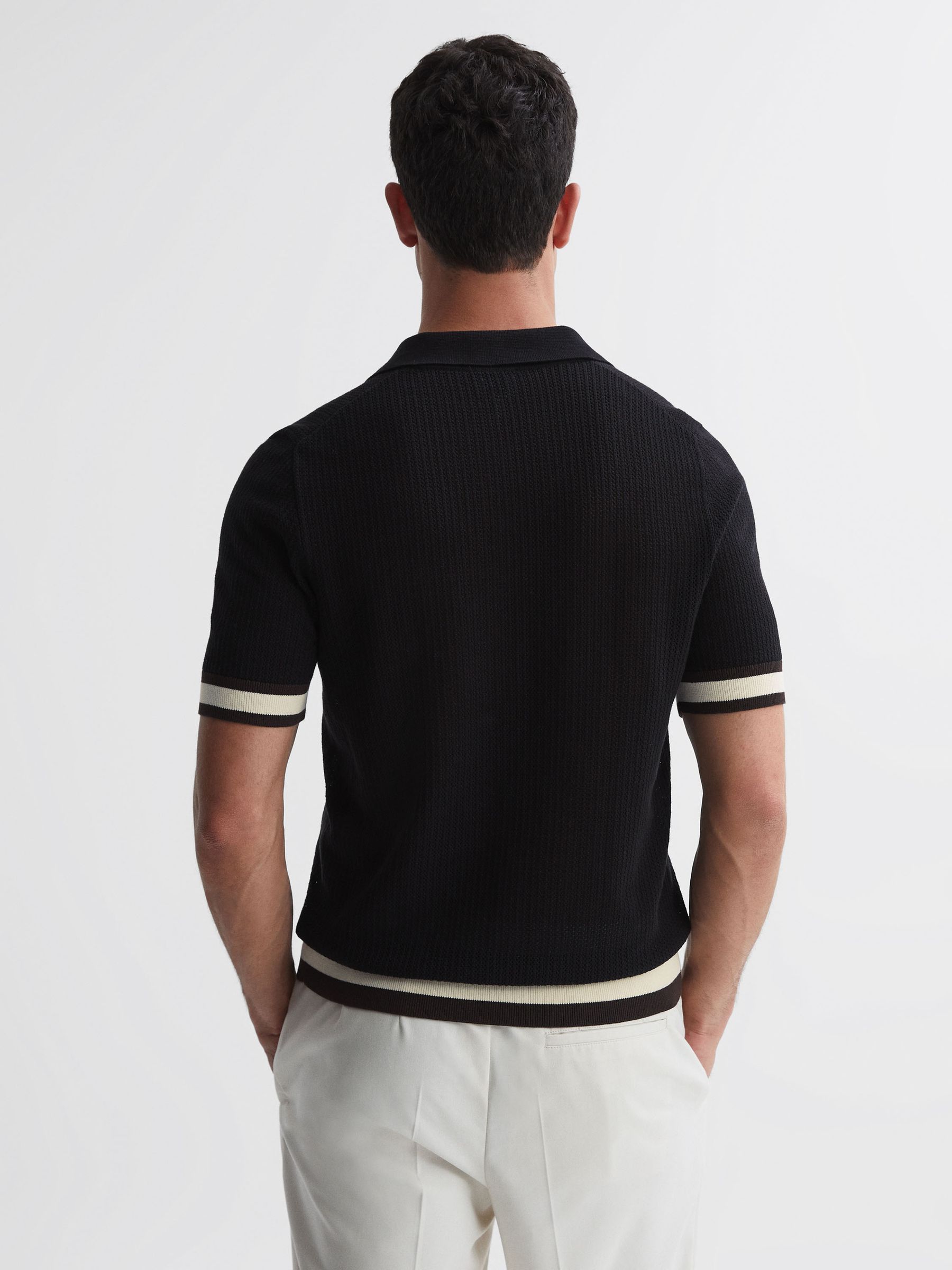 Reiss | Ché Knitted Half-Button Polo Shirt in Black/Chocolate - Image 5 of 5