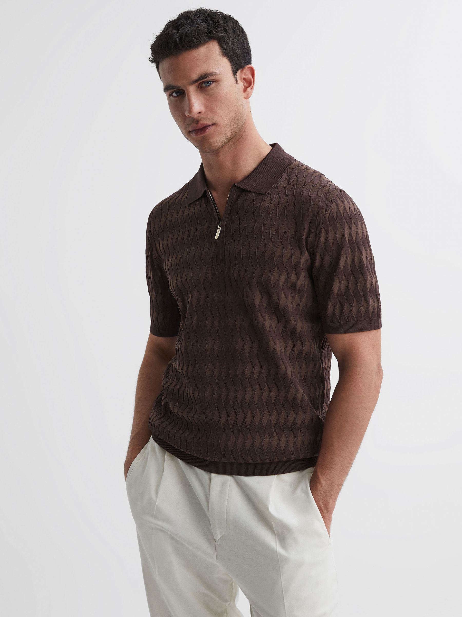 Reiss | Ché Textured Half-Zip Polo Shirt in Chocolate - Image 1 of 4