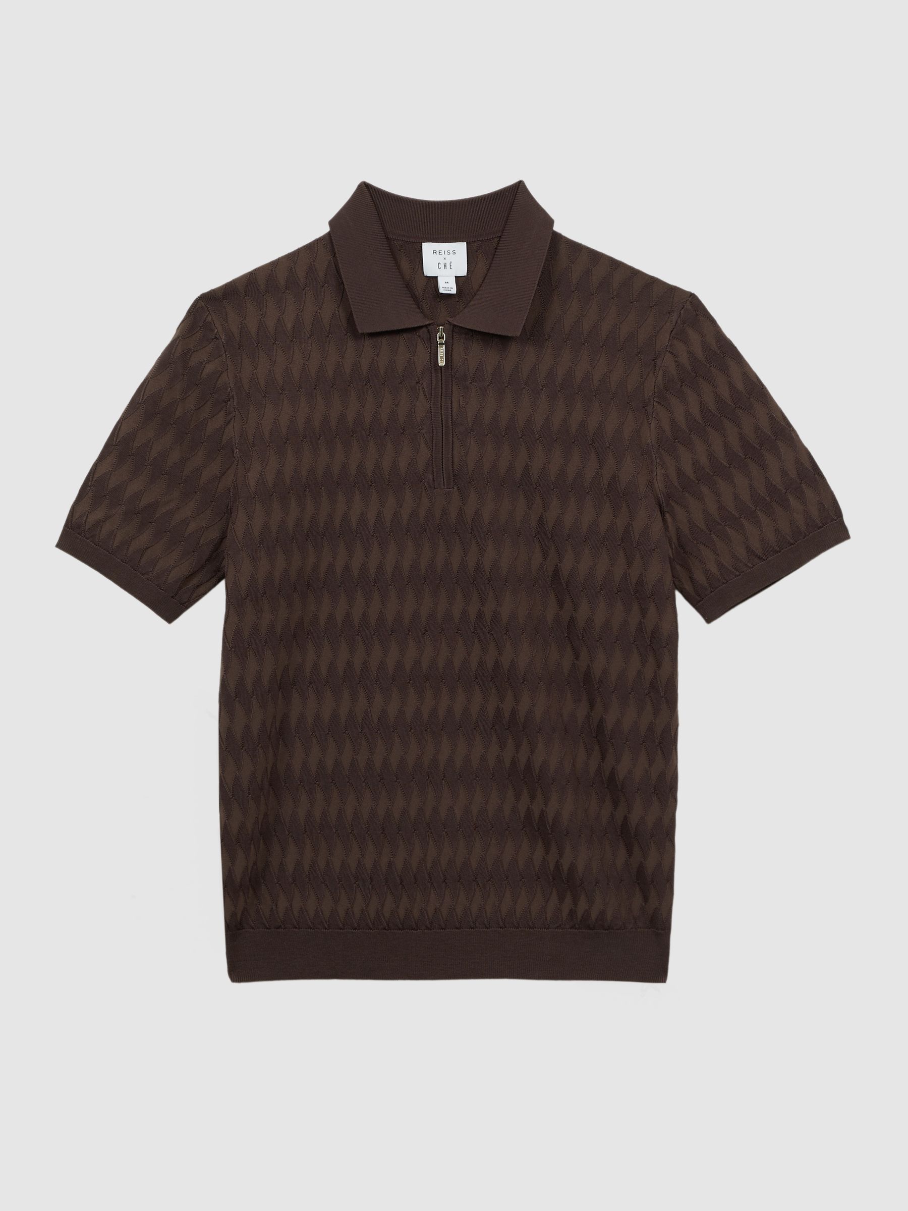 Reiss | Ché Textured Half-Zip Polo Shirt in Chocolate - Image 2 of 4
