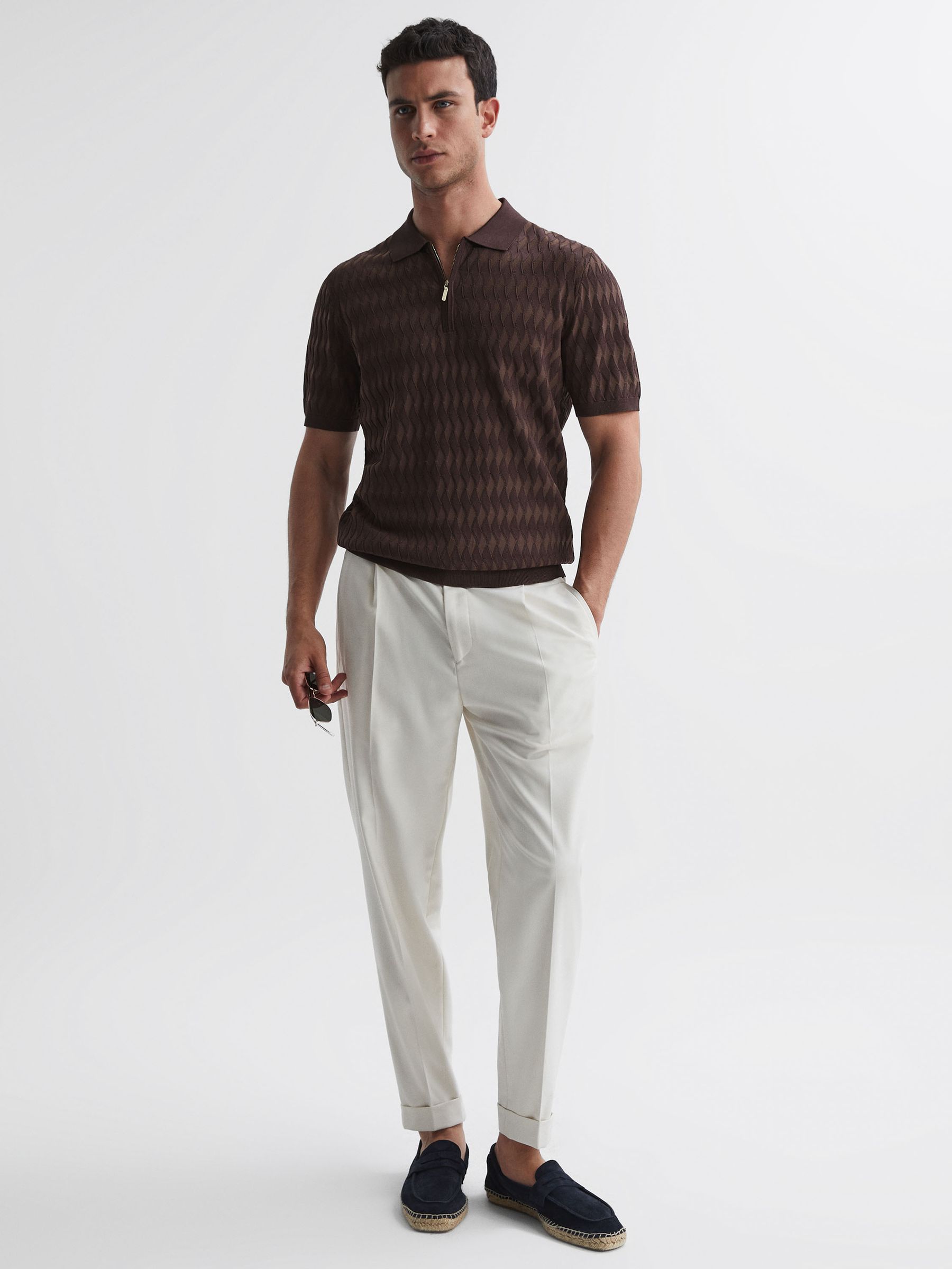 Reiss | Ché Textured Half-Zip Polo Shirt in Chocolate - Image 3 of 4