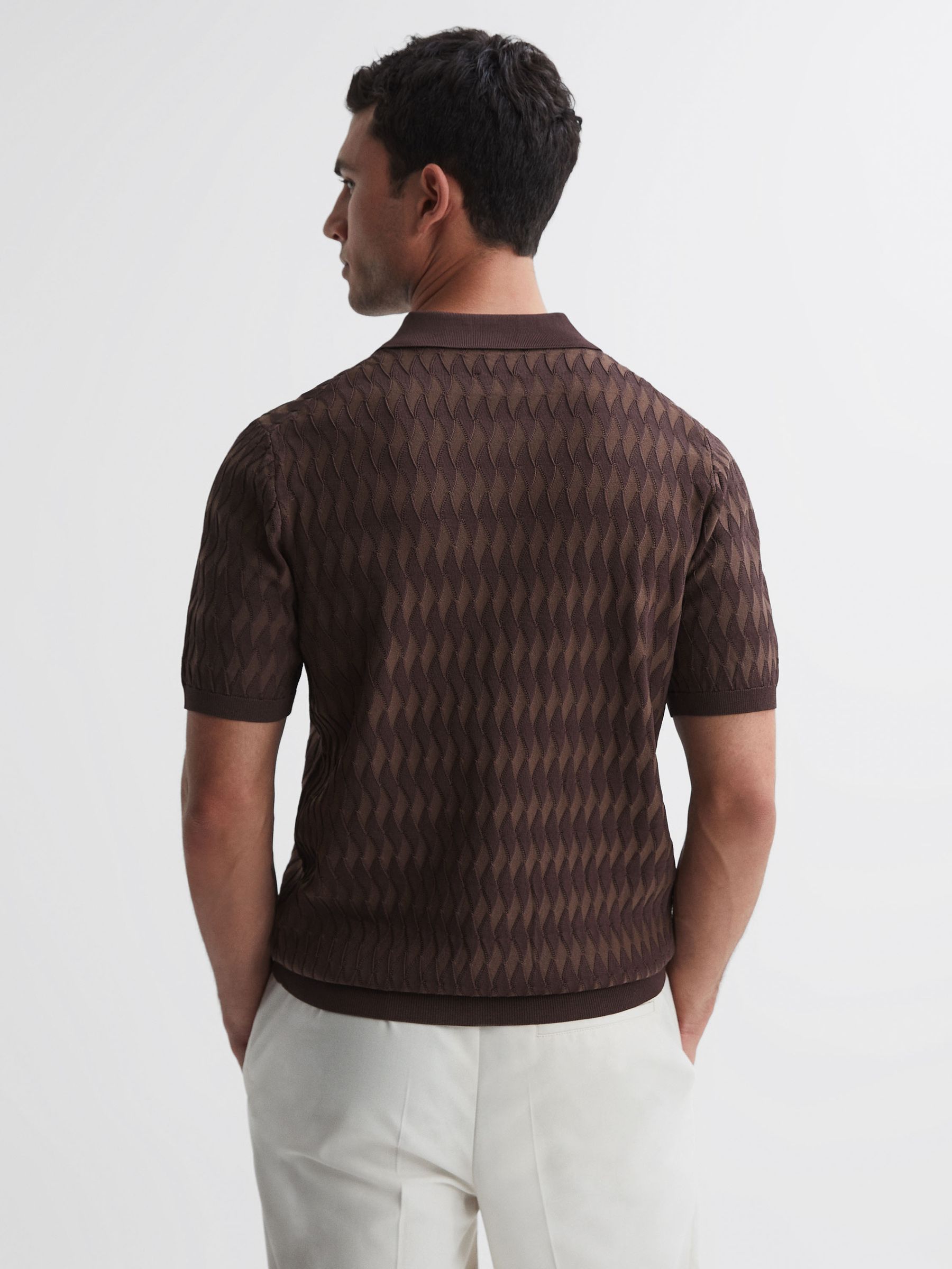 Reiss | Ché Textured Half-Zip Polo Shirt in Chocolate - Image 4 of 4