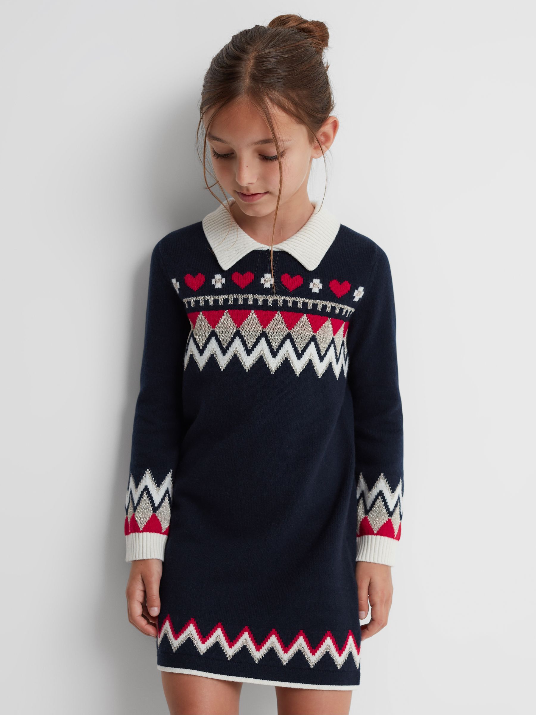 9-14 yrs Fairisle Pattern Knitted Dress in Navy - Image 1 of 6 9-14 yrs Fairisle Pattern Knitted Dress in Navy - Image 1 of 6