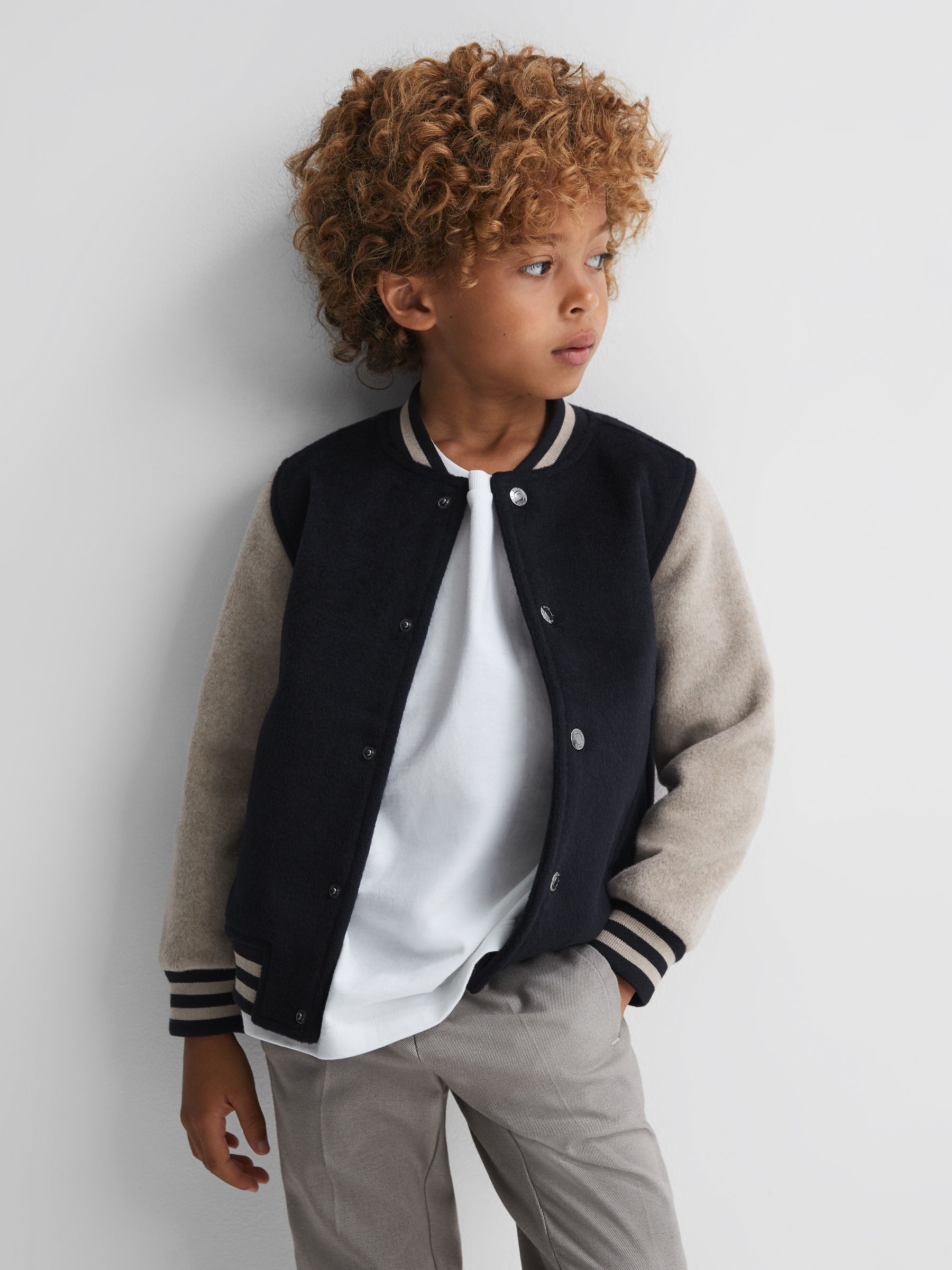3-9 yrs Wool Blend Varsity Bomber Jacket in Navy/Stone - Image 3 of 6