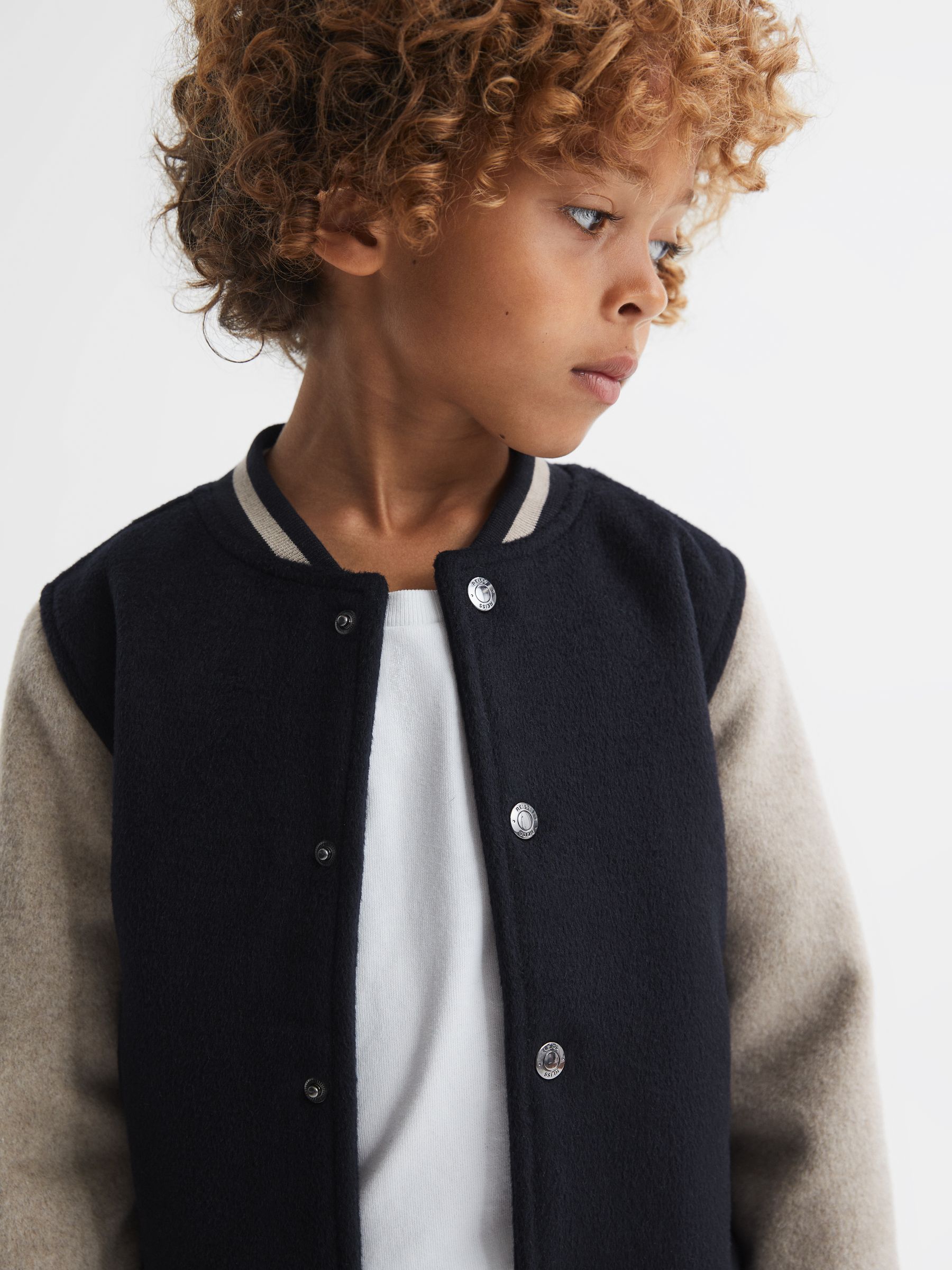3-9 yrs Wool Blend Varsity Bomber Jacket in Navy/Stone - Image 4 of 6
