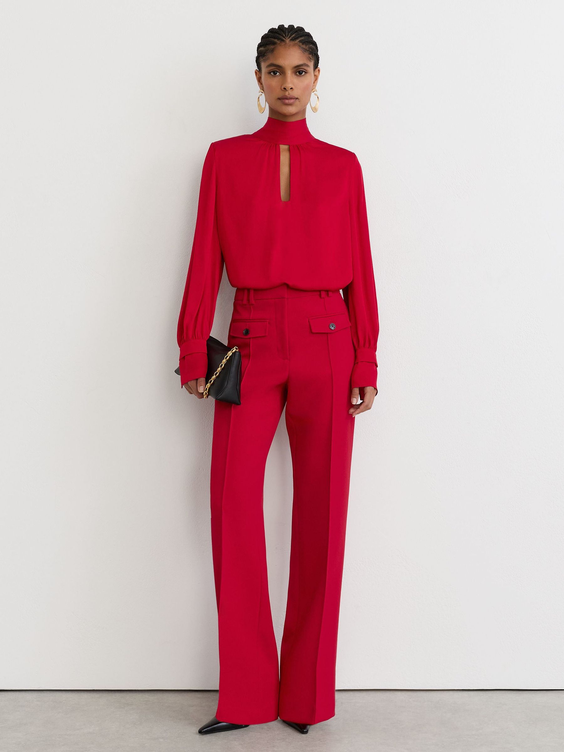 Petite High-Neck Tie-Back Keyhole Blouse in Red - Image 1 of 8