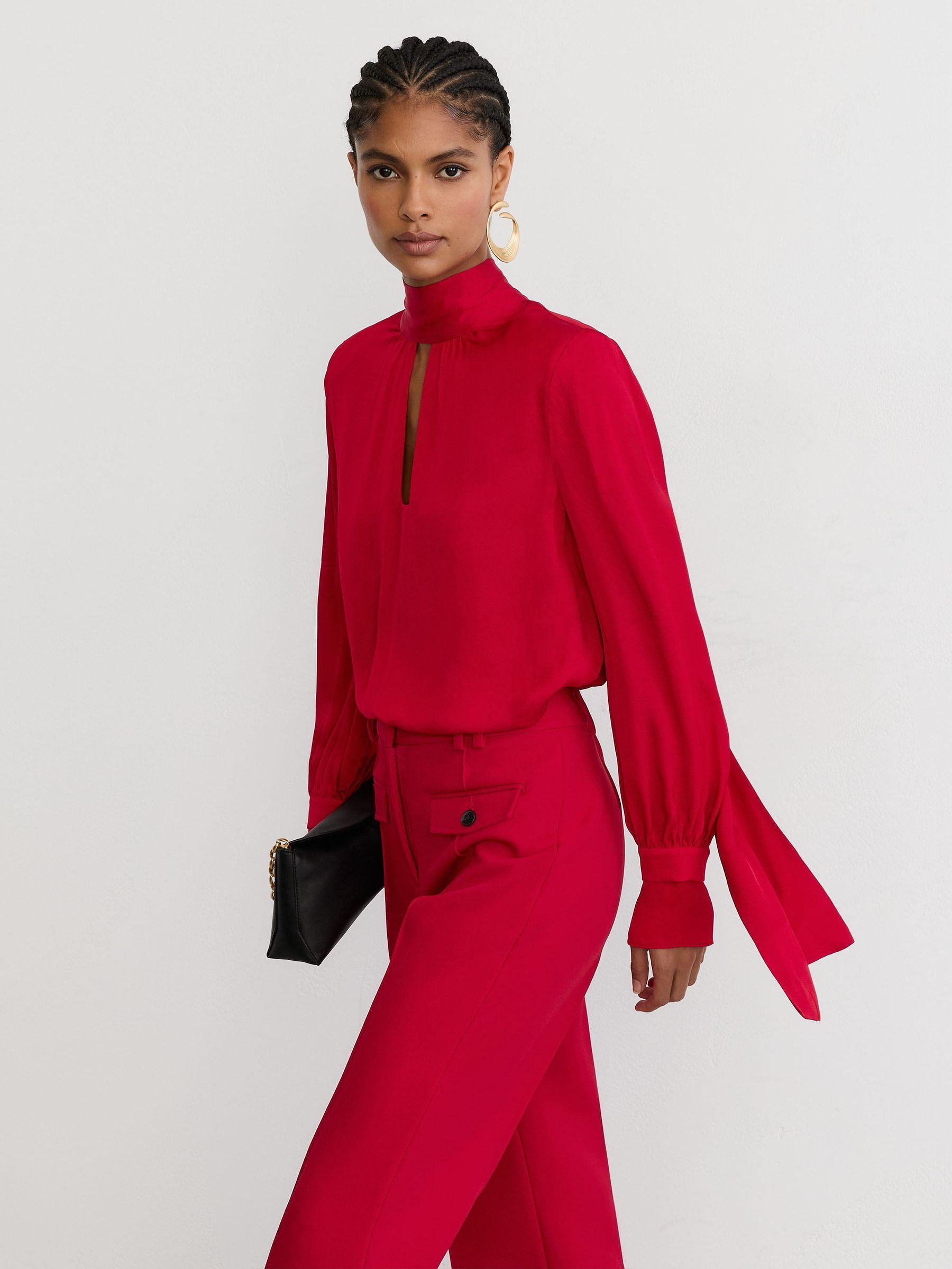 Petite High-Neck Tie-Back Keyhole Blouse in Red - Image 5 of 8