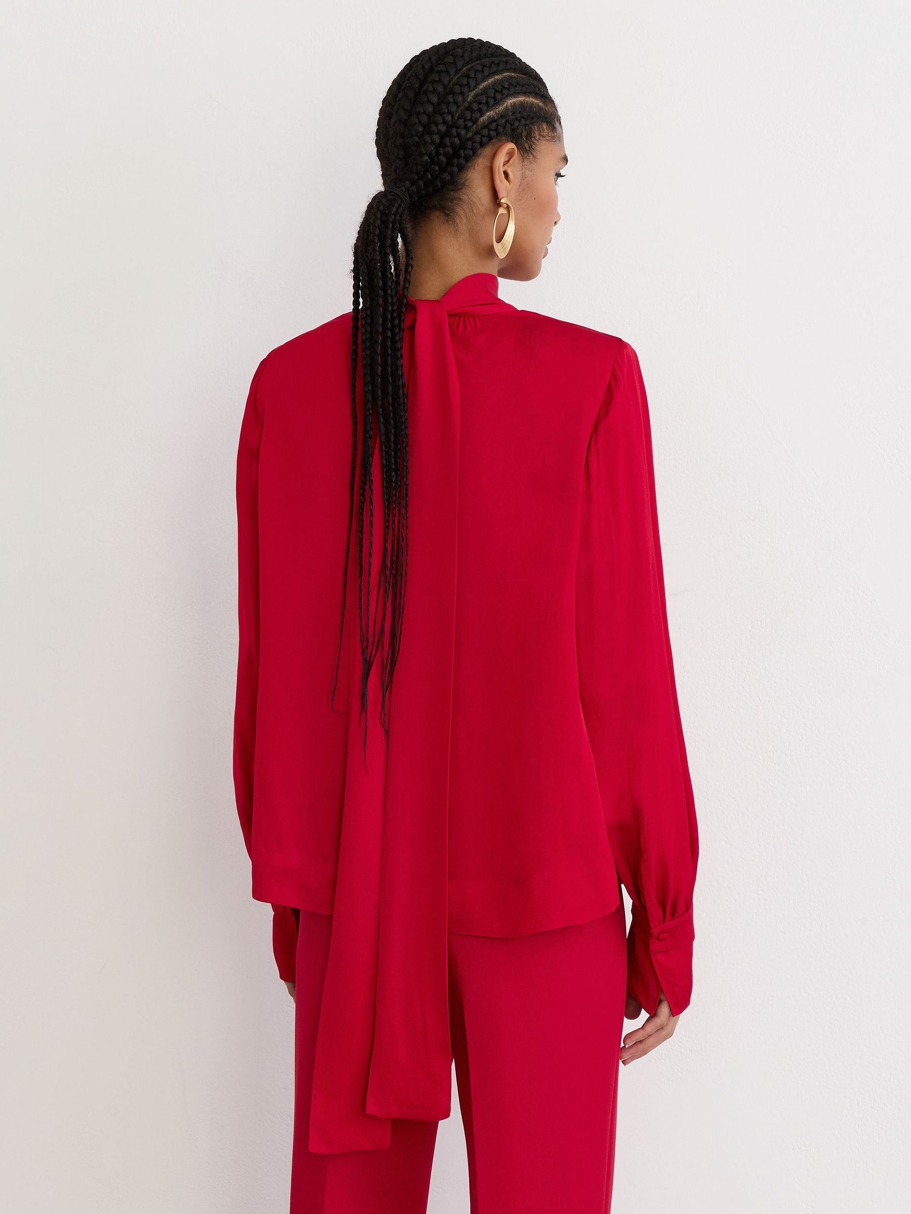 Petite High-Neck Tie-Back Keyhole Blouse in Red - Image 6 of 8