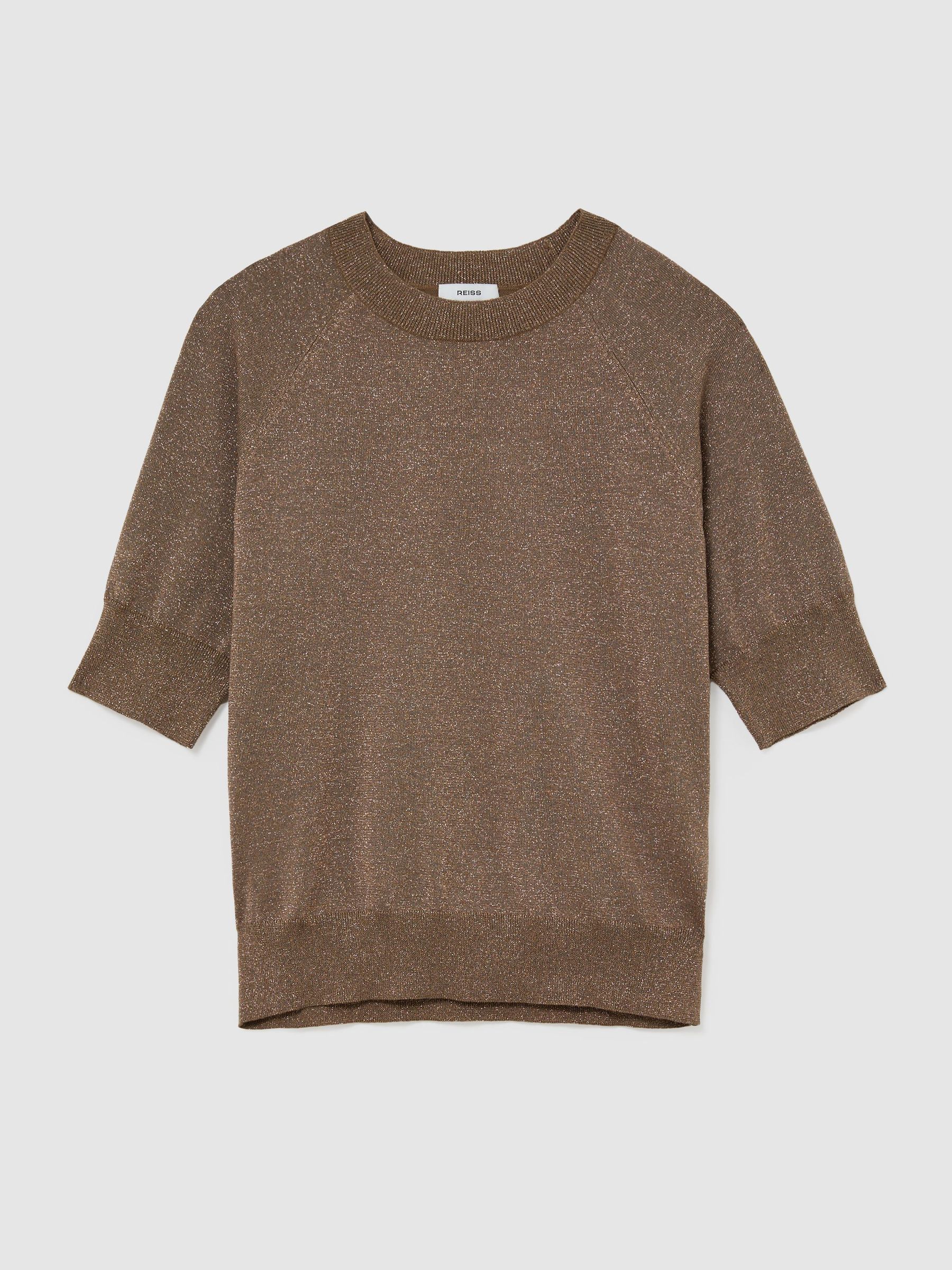 Wool-Blend Metallic-Knit Short-Sleeve Top in Bronze - صورة 2 من 6