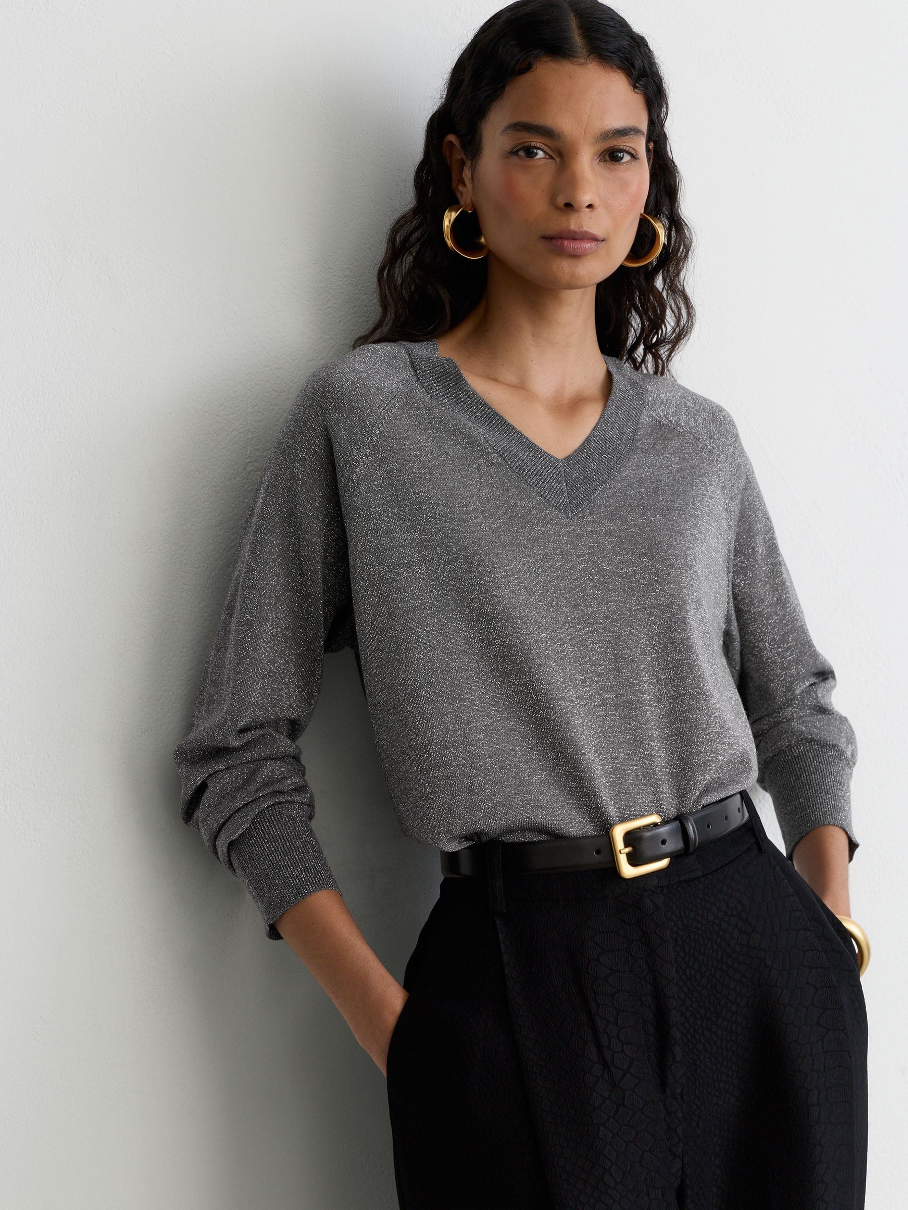 Wool-Blend Metallic-Knit V-Neck Jumper in Silver Grey - Image 1 of 6