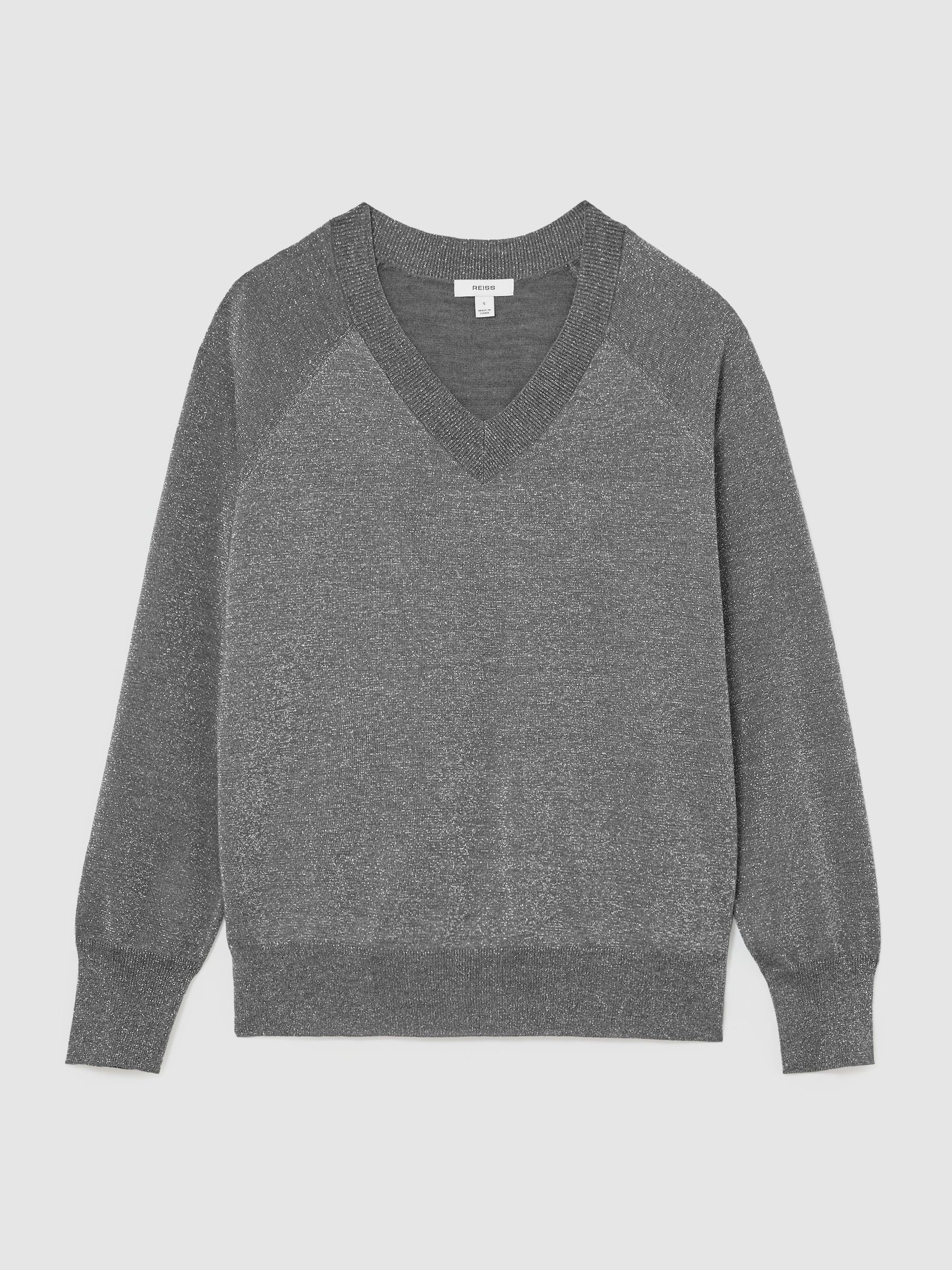 Wool-Blend Metallic-Knit V-Neck Jumper in Silver Grey - Image 2 of 6