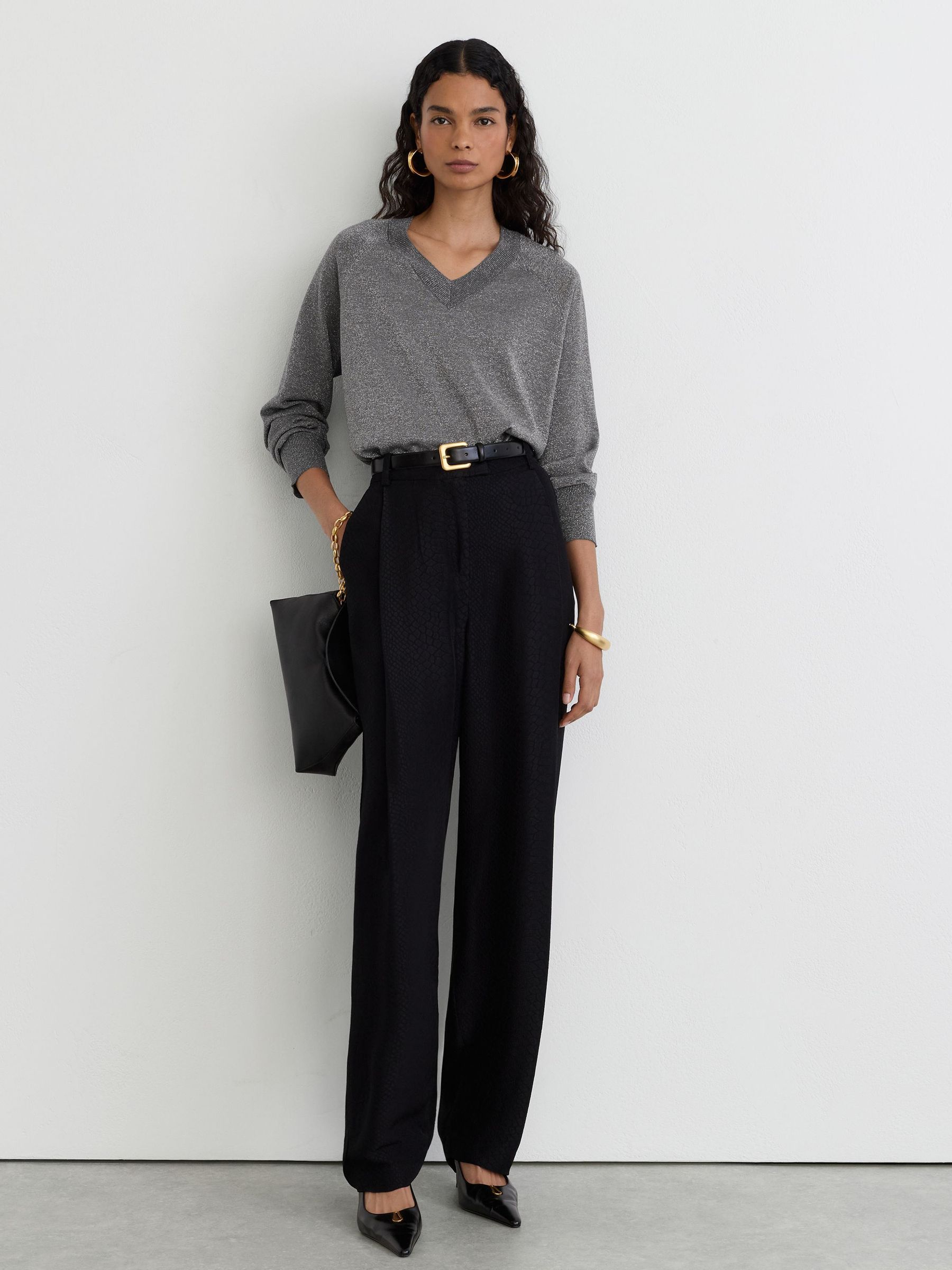 Wool-Blend Metallic-Knit V-Neck Jumper in Silver Grey - Image 3 of 6