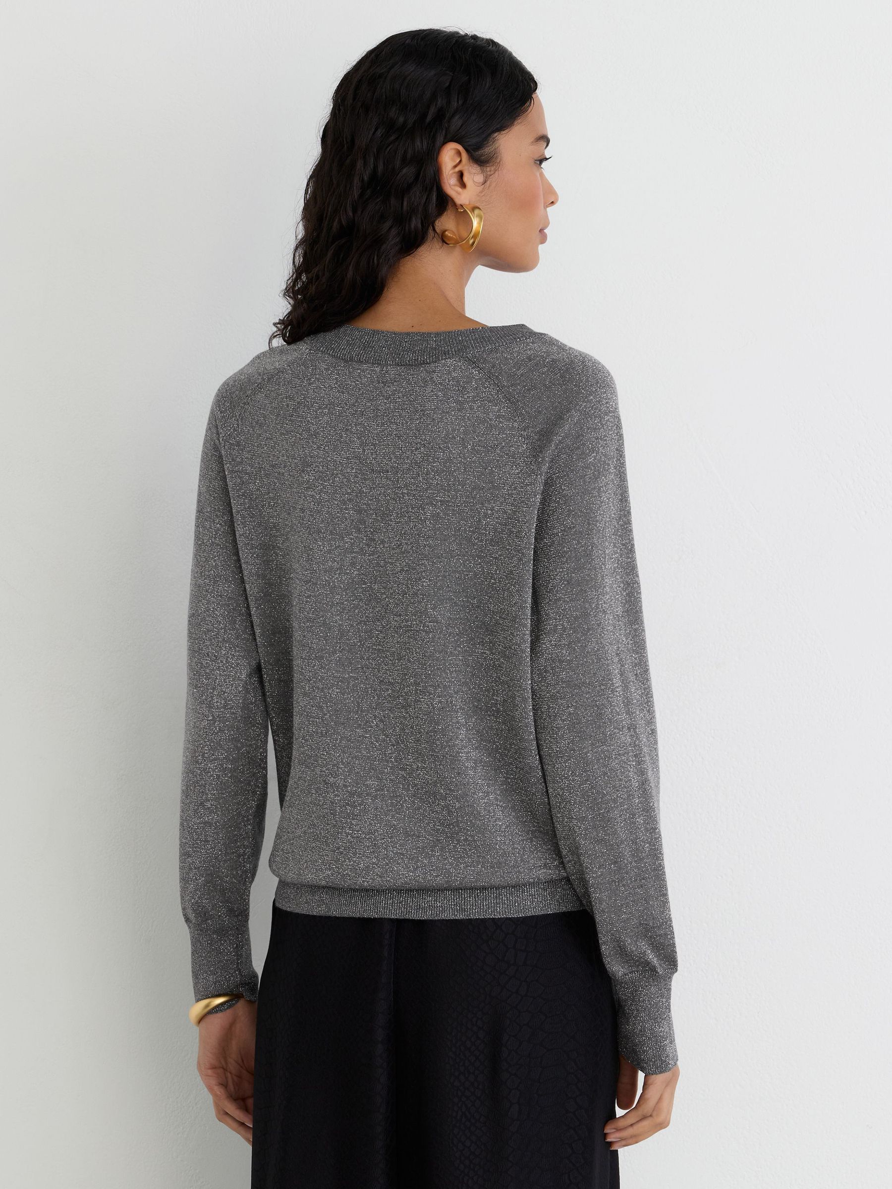 Wool-Blend Metallic-Knit V-Neck Jumper in Silver Grey - Image 5 of 6