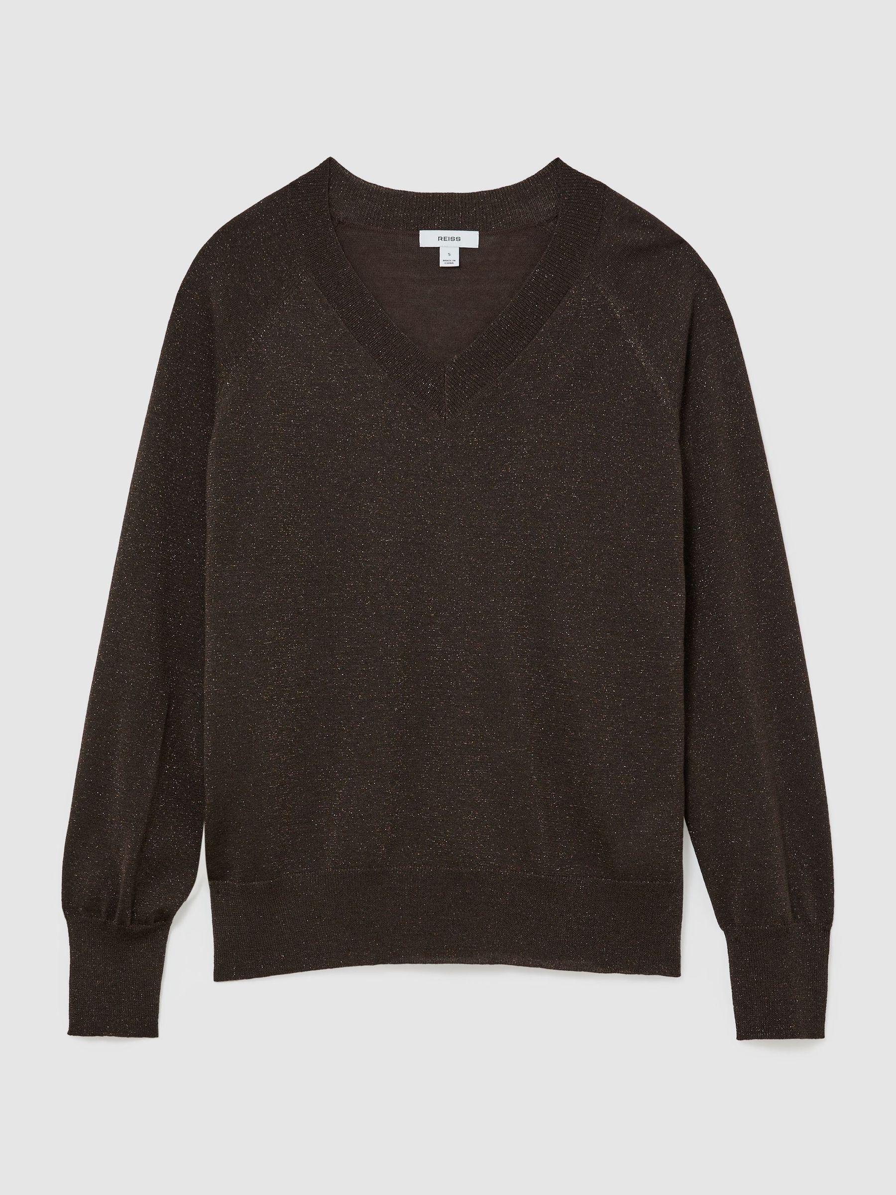 Wool-Blend Metallic-Knit V-Neck Jumper in Chocolate Brown - Image 2 of 7
