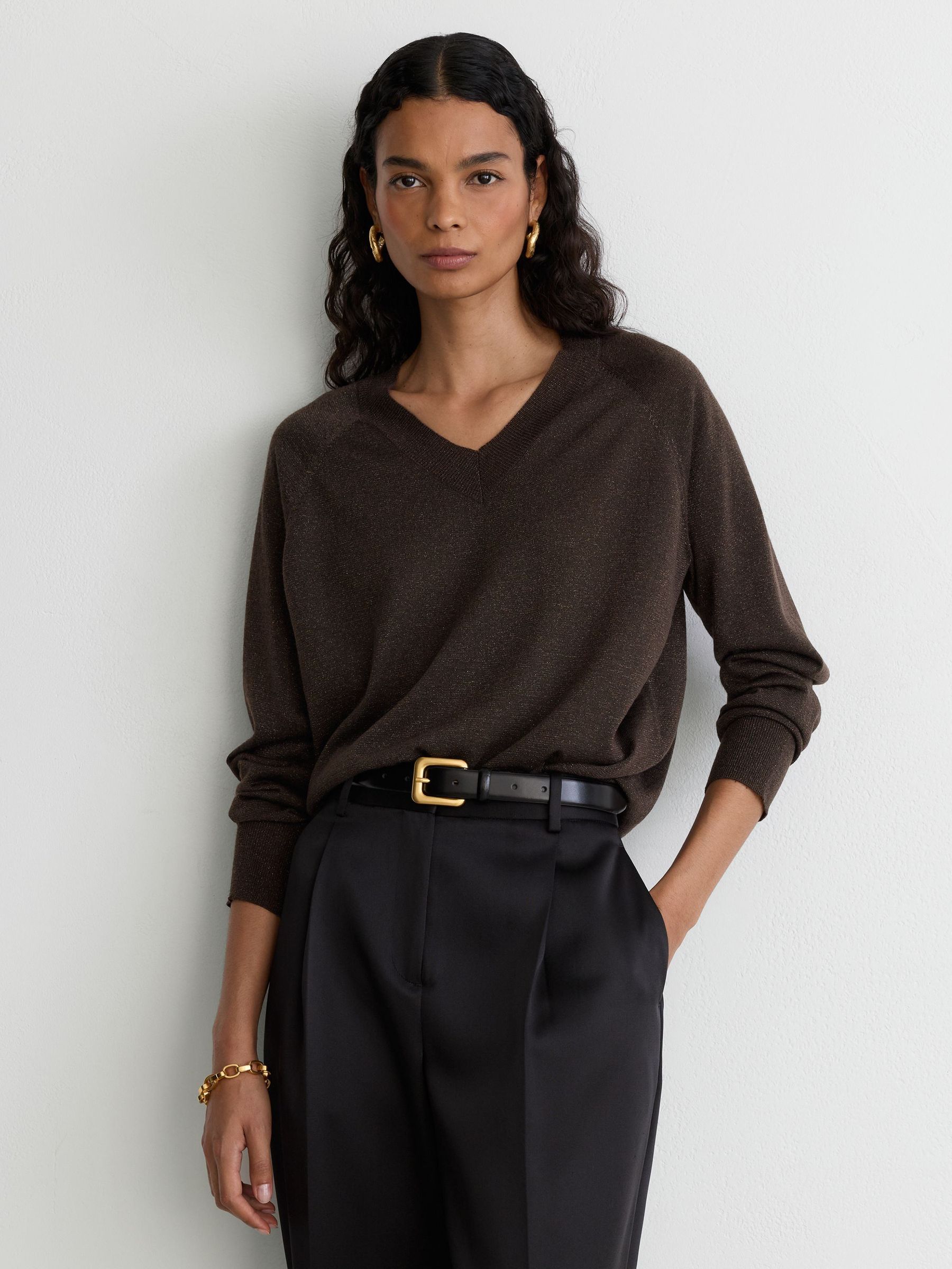 Wool-Blend Metallic-Knit V-Neck Jumper in Chocolate Brown - Image 3 of 7