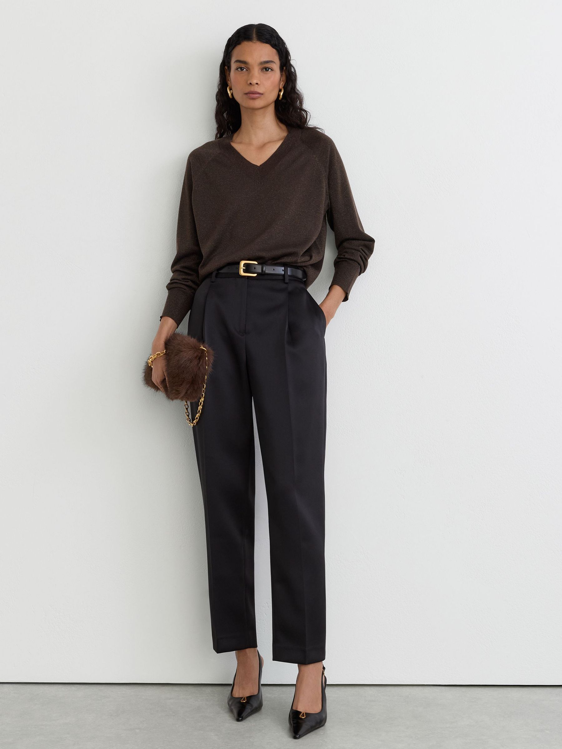 Wool-Blend Metallic-Knit V-Neck Jumper in Chocolate Brown - Image 5 of 7