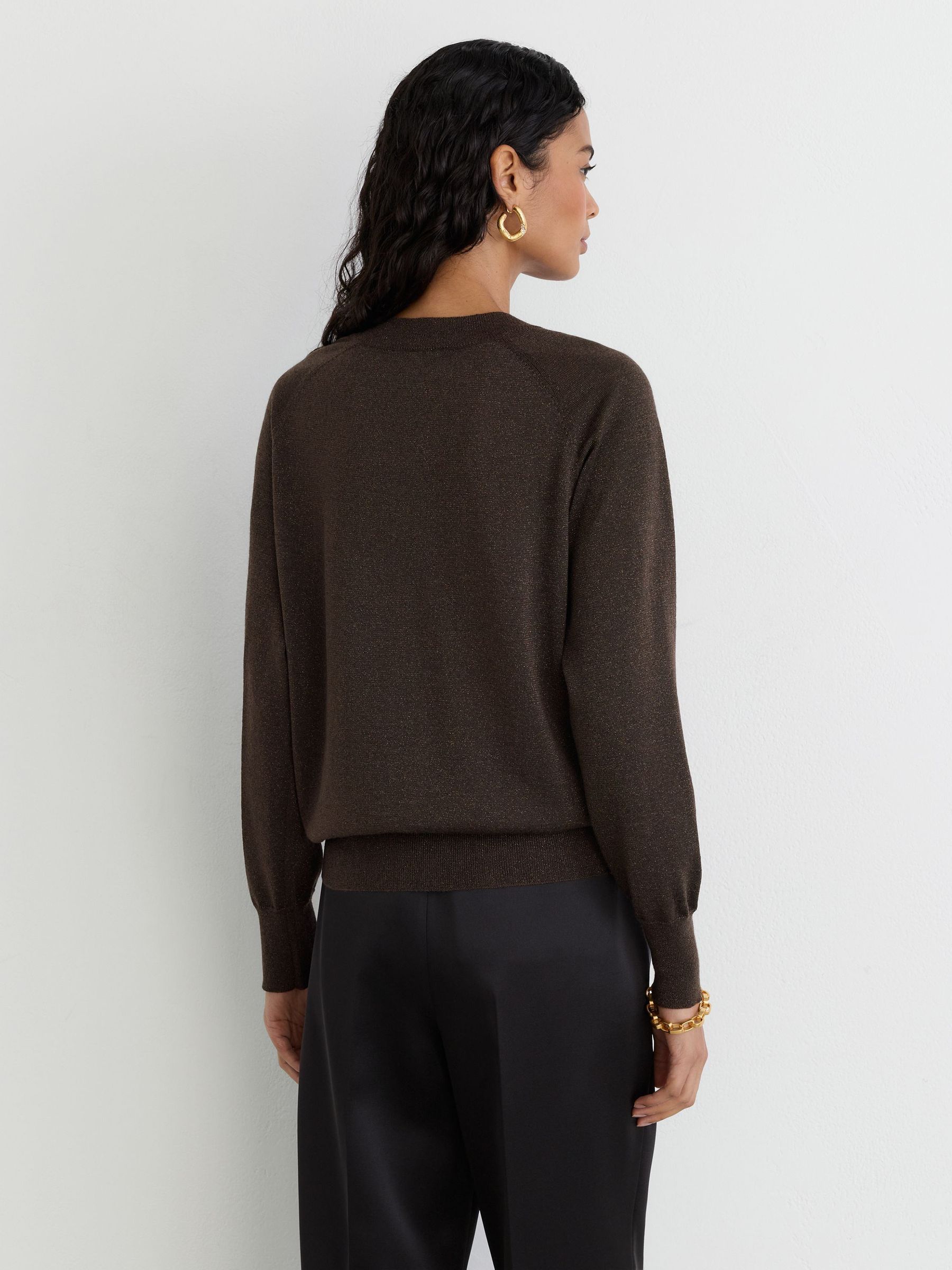 Wool-Blend Metallic-Knit V-Neck Jumper in Chocolate Brown - Image 6 of 7