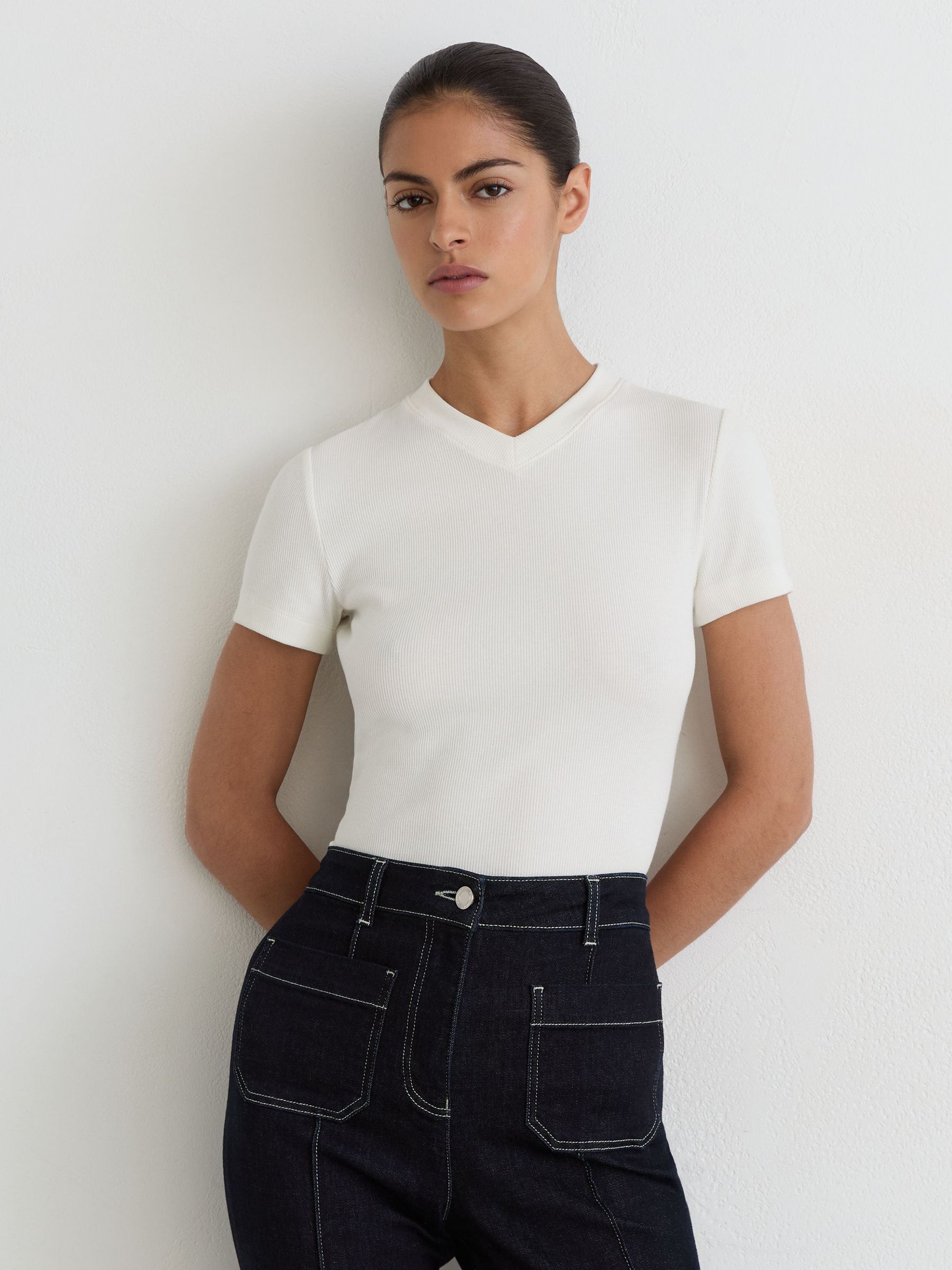 Cotton-Stretch High V-Neck T-Shirt in White - Image 1 of 5