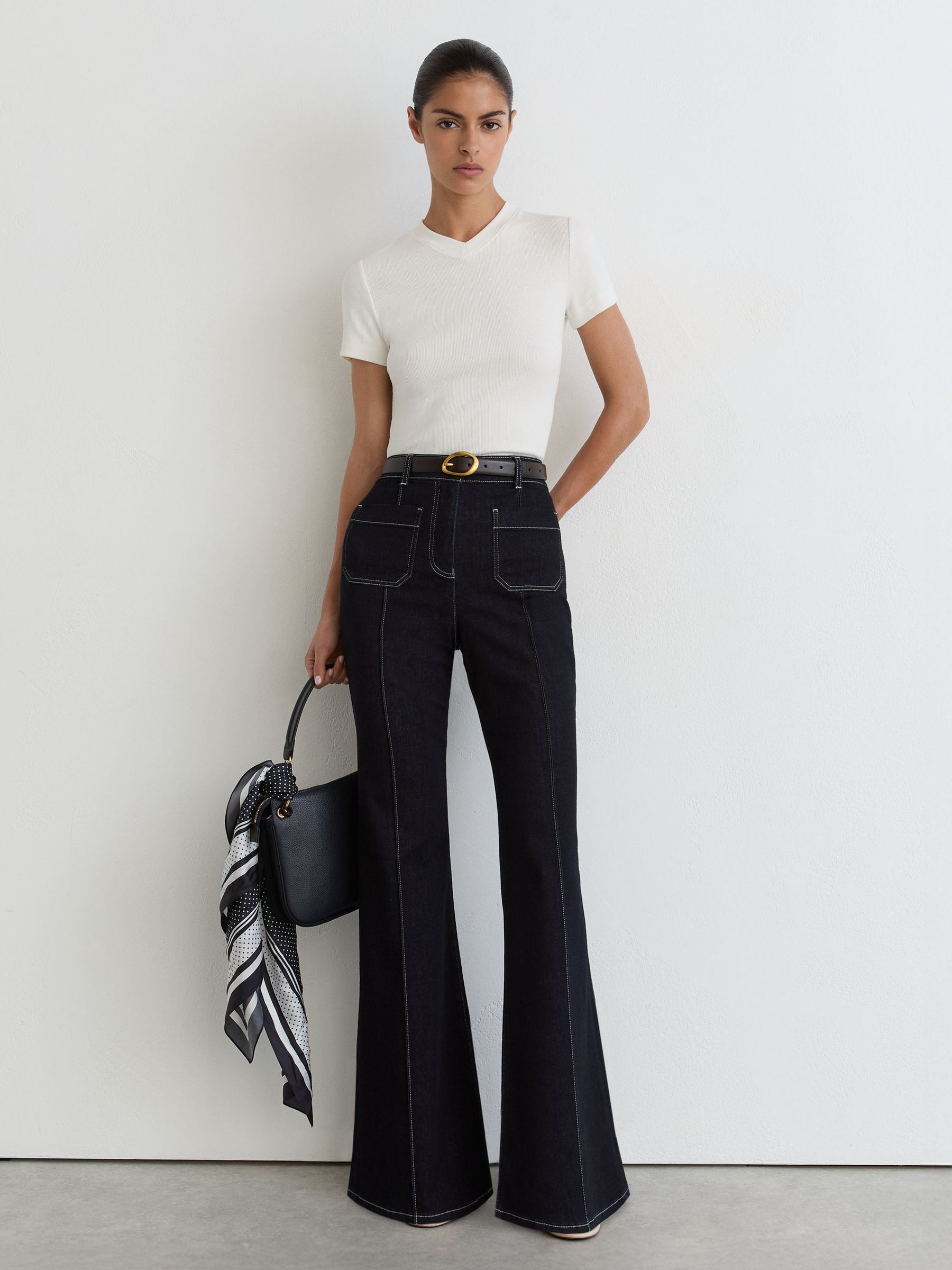 Cotton-Stretch High V-Neck T-Shirt in White - Image 3 of 5