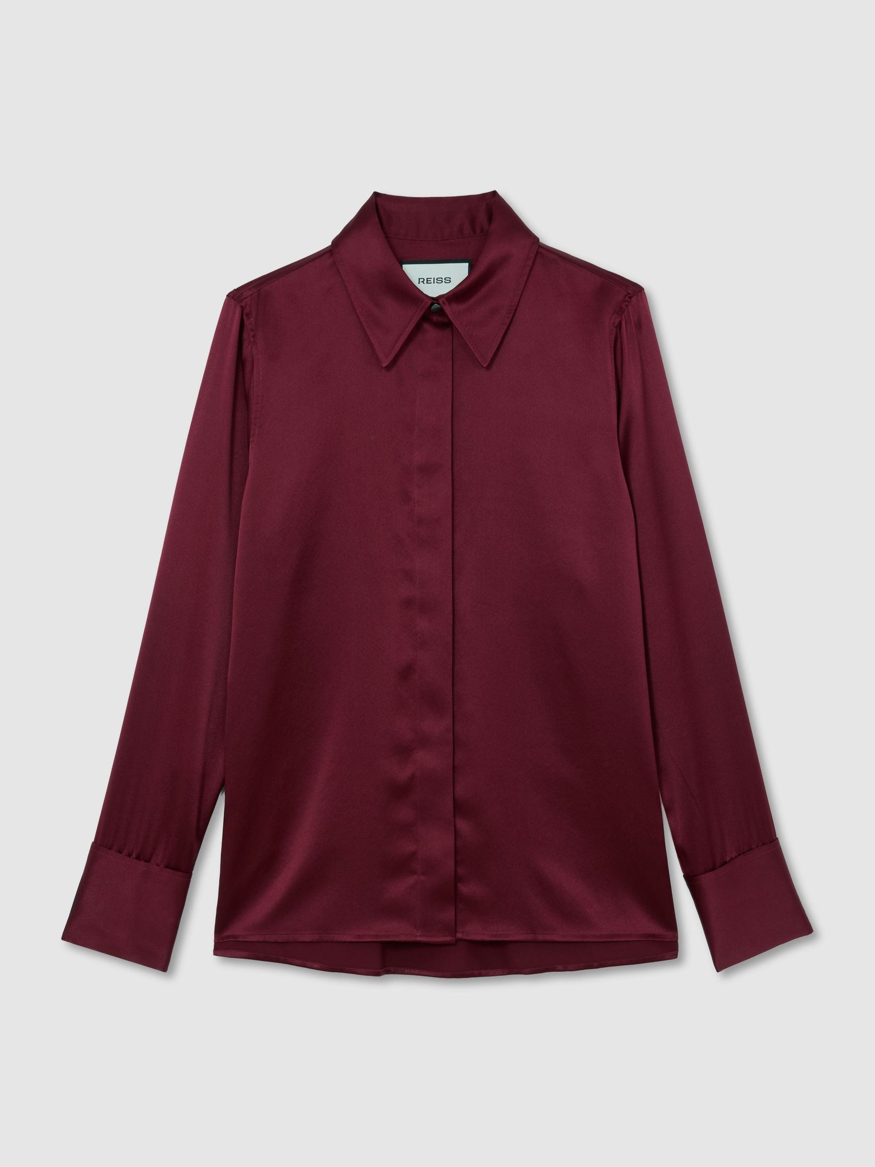 Silk-Satin Concealed-Placket Shirt in Red - Image 2 of 6