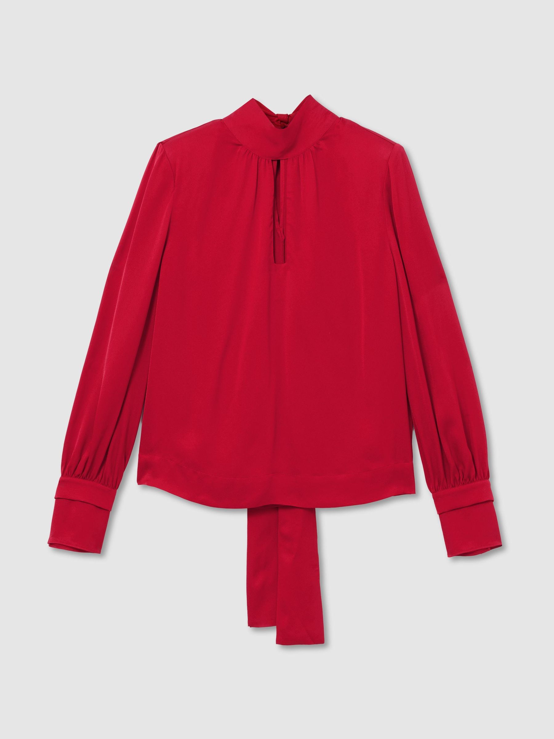 High-Neck Tie-Back Keyhole Blouse in Red - Image 2 of 7