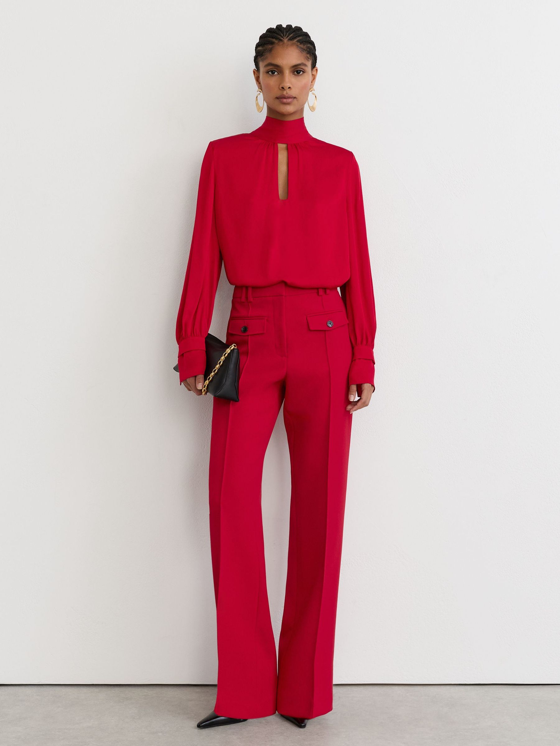 High-Neck Tie-Back Keyhole Blouse in Red - Image 3 of 7