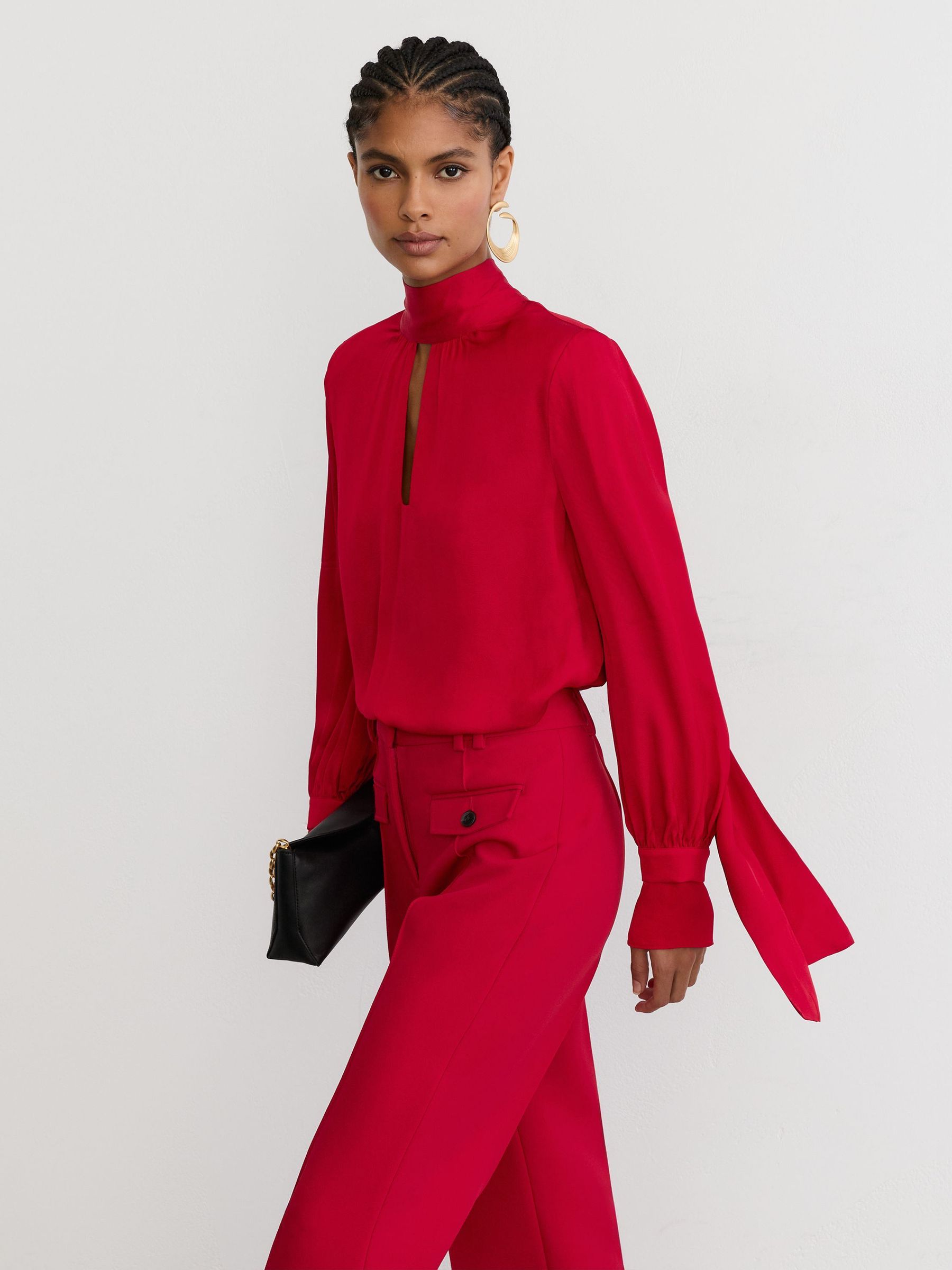 High-Neck Tie-Back Keyhole Blouse in Red - Image 5 of 7
