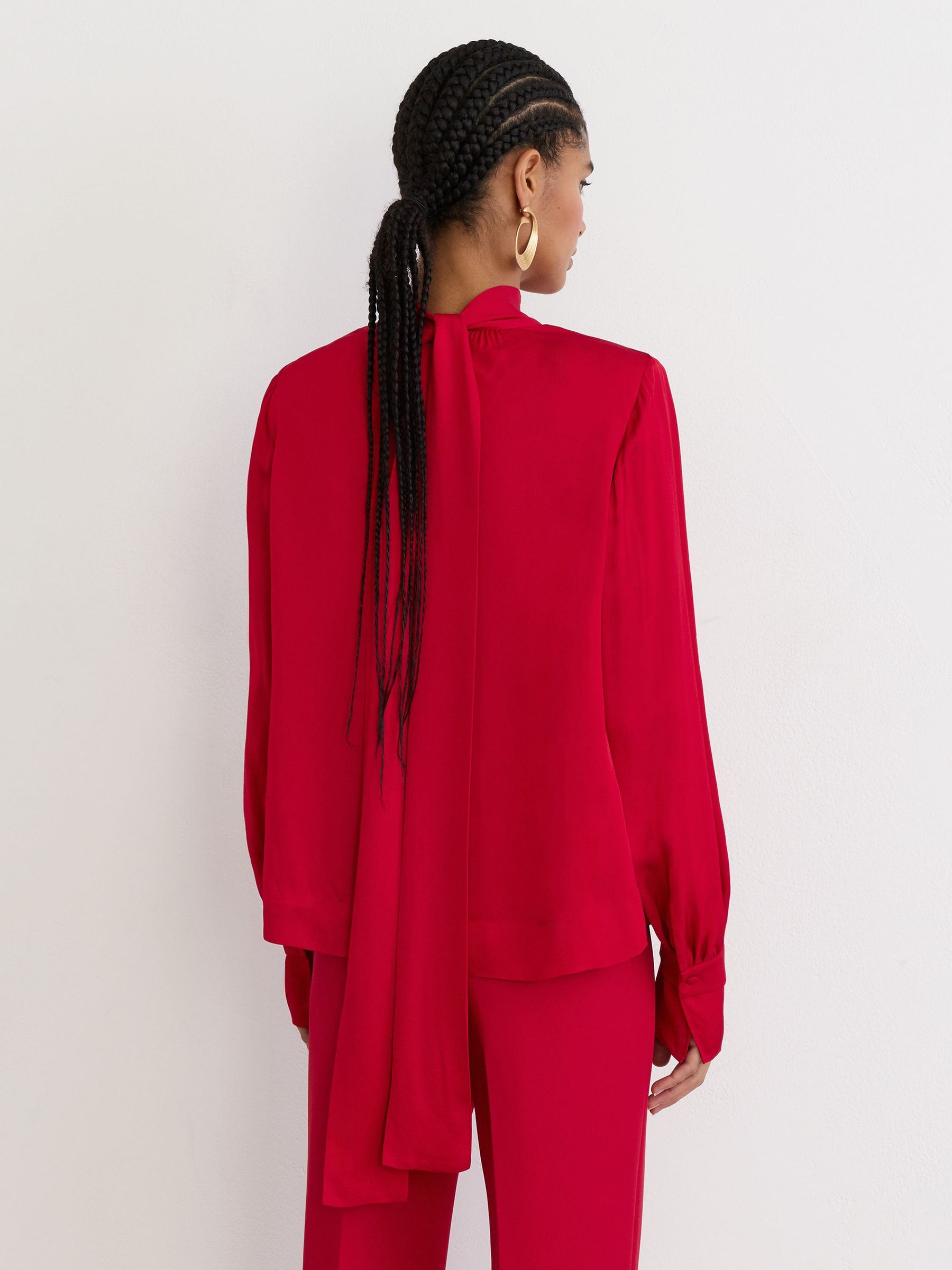 High-Neck Tie-Back Keyhole Blouse in Red - Image 6 of 7
